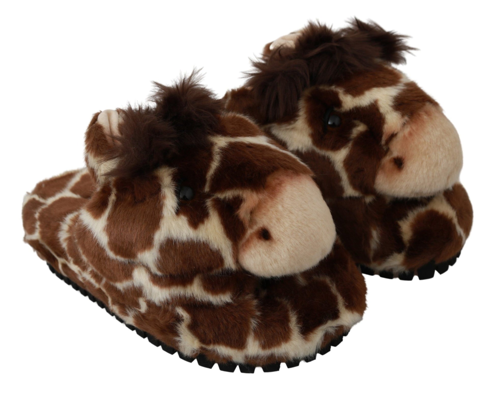 Pair of fuzzy slippers shaped like giraffe heads with ears and eyes