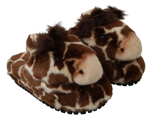 Pair of fuzzy slippers shaped like giraffe heads with ears and eyes