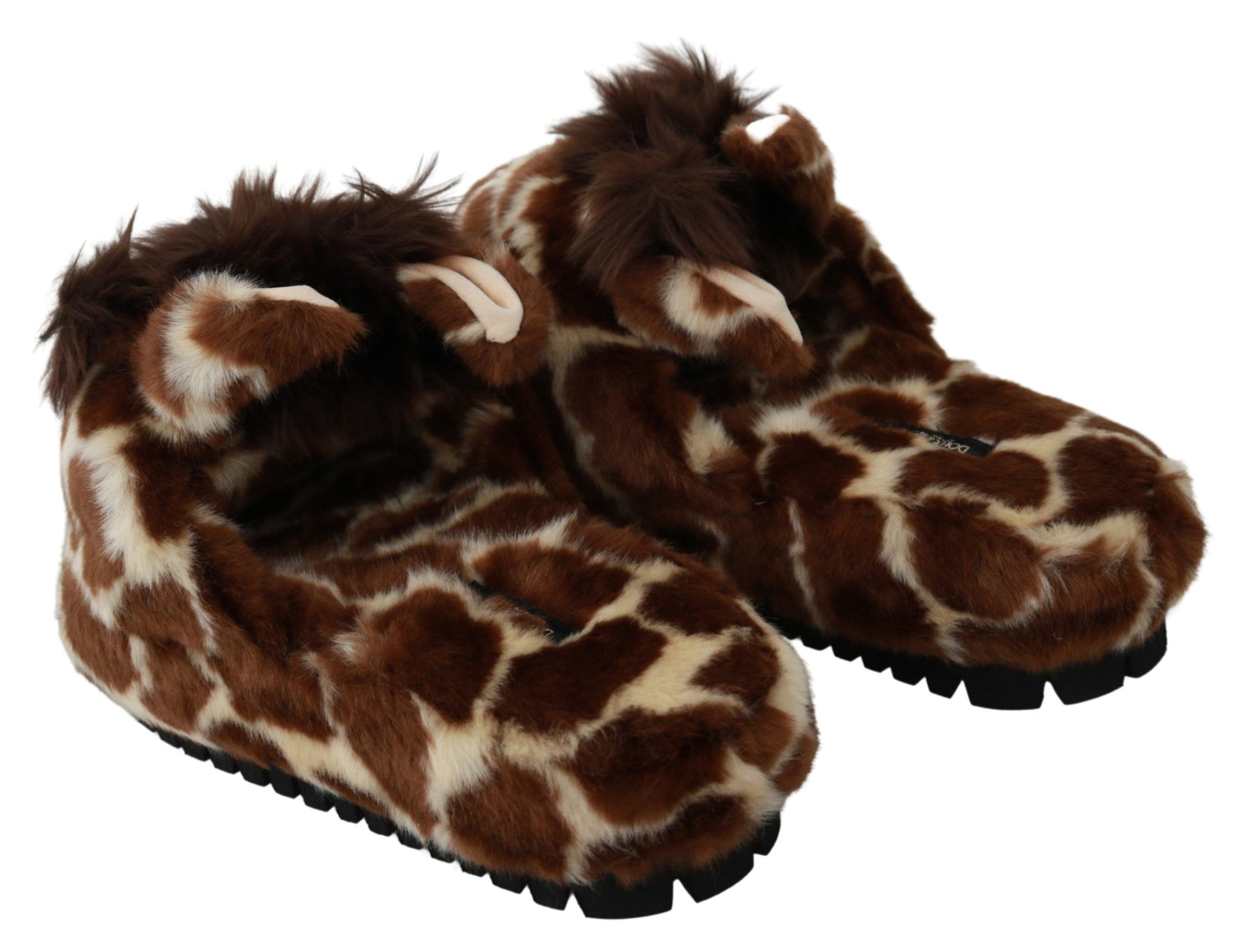 Pair of animal print slippers with furry toes and soles