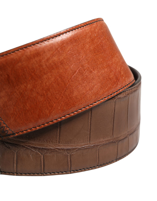 Brown leather belt with crocodile skin texture