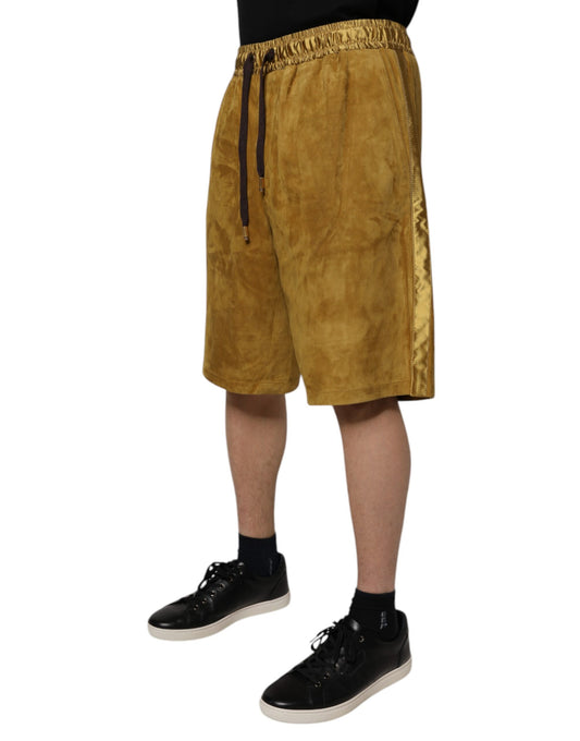 Brown lambskin suede men's bermuda shorts with elastic waistband