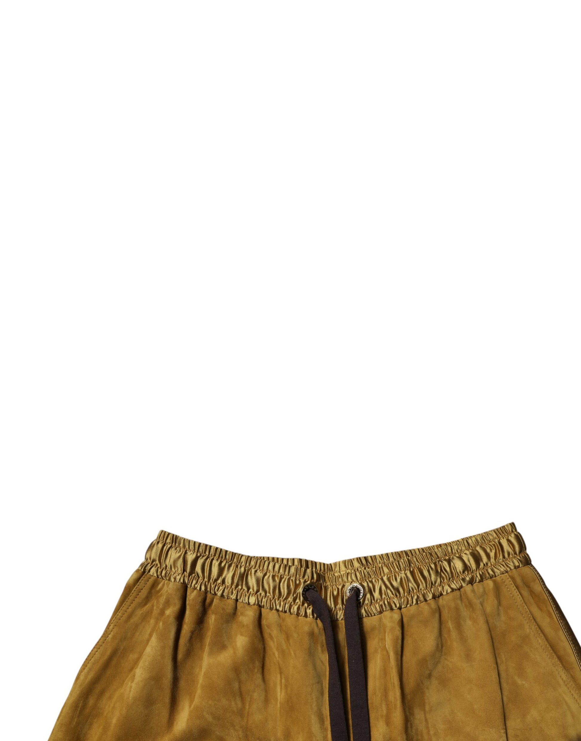 A pair of brown lambskin suede men's bermuda shorts with a zippered front