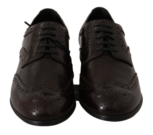 Pair of brown leather shoes with laces and perforated design on soles
