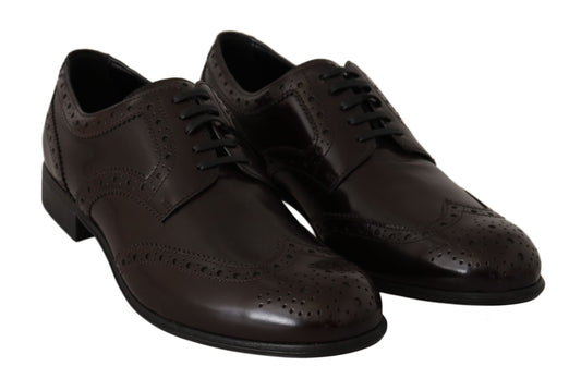 Pair of brown leather shoes with laces and perforations on sides