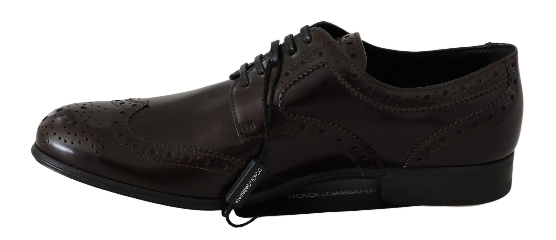 Brown leather lace-up shoes with decorative stitching and a low heel