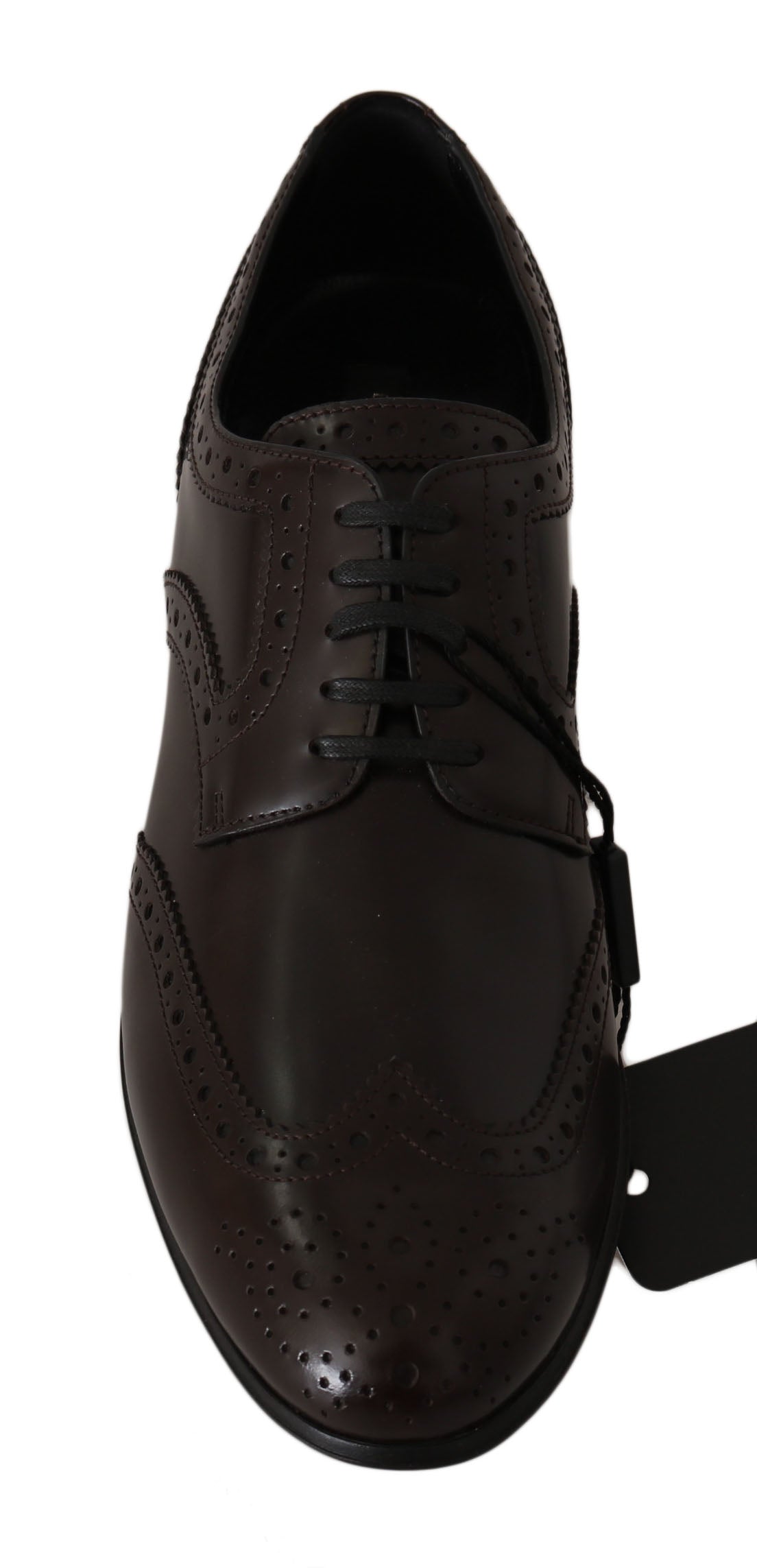 Brown leather men's dress shoe with laces and brogue detailing