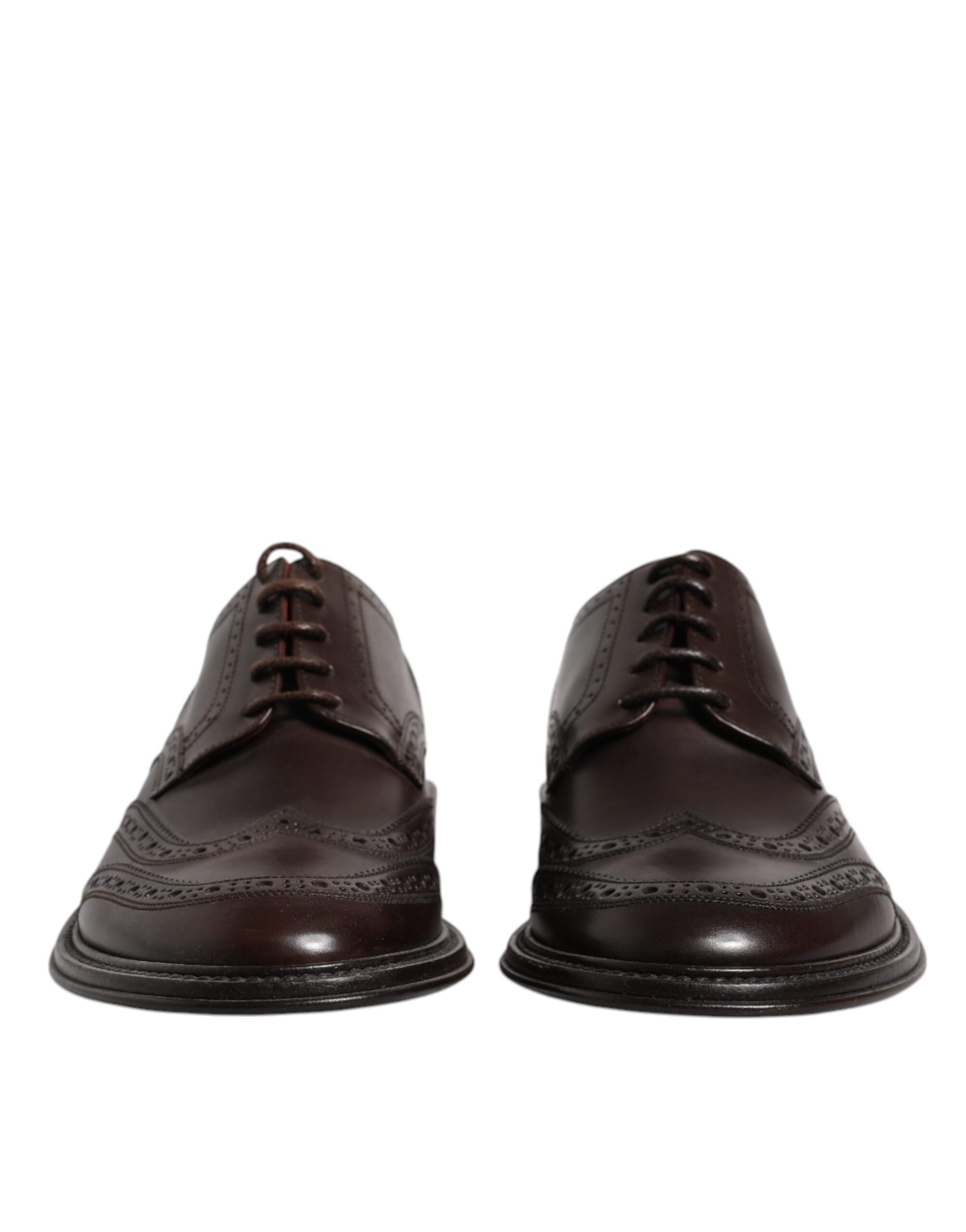Pair of brown leather lace-up dress shoes with wingtip design