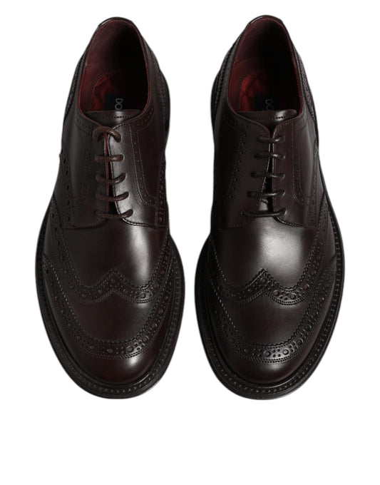 Pair of brown leather dress shoes with laces, wingtip design and perforated detailing