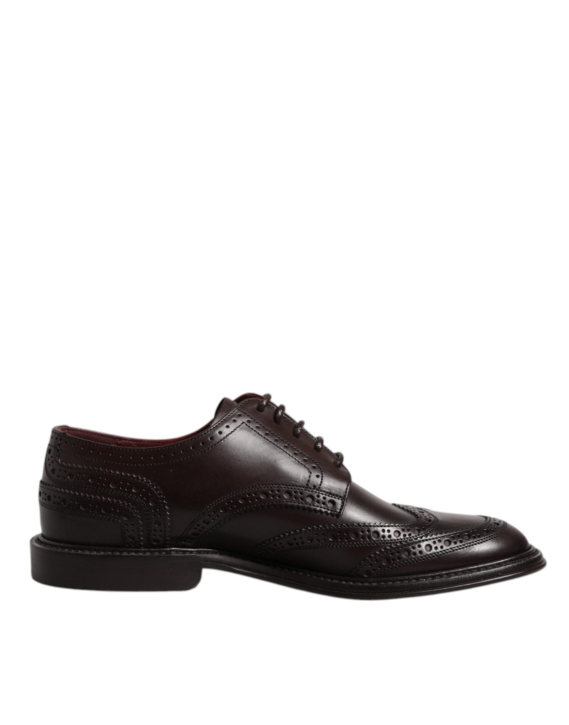 A pair of brown leather lace-up dress shoes with a wingtip design