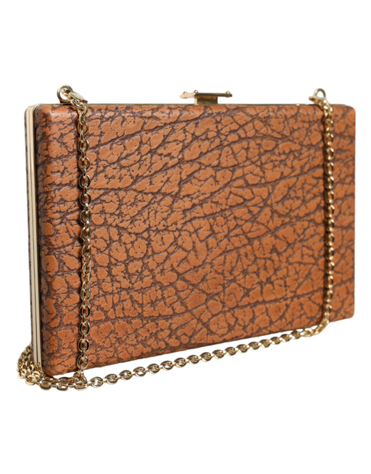 Brown leather clutch purse with gold chain strap