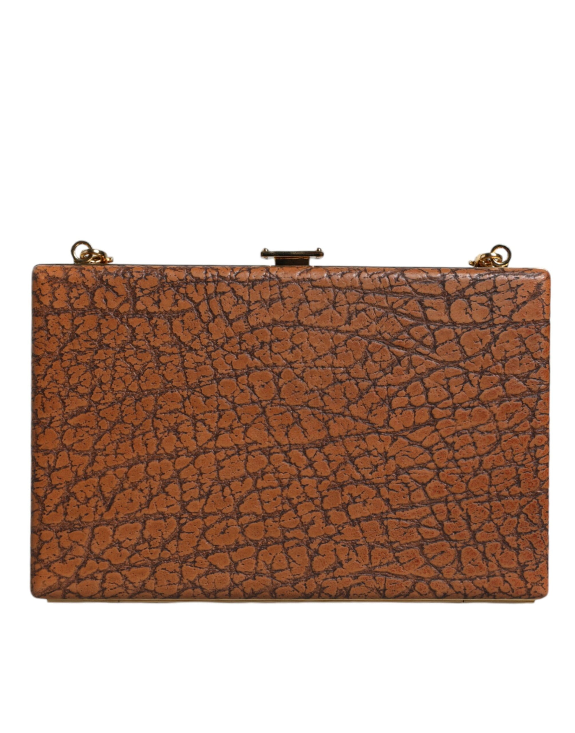 Brown leather clutch purse with gold accents