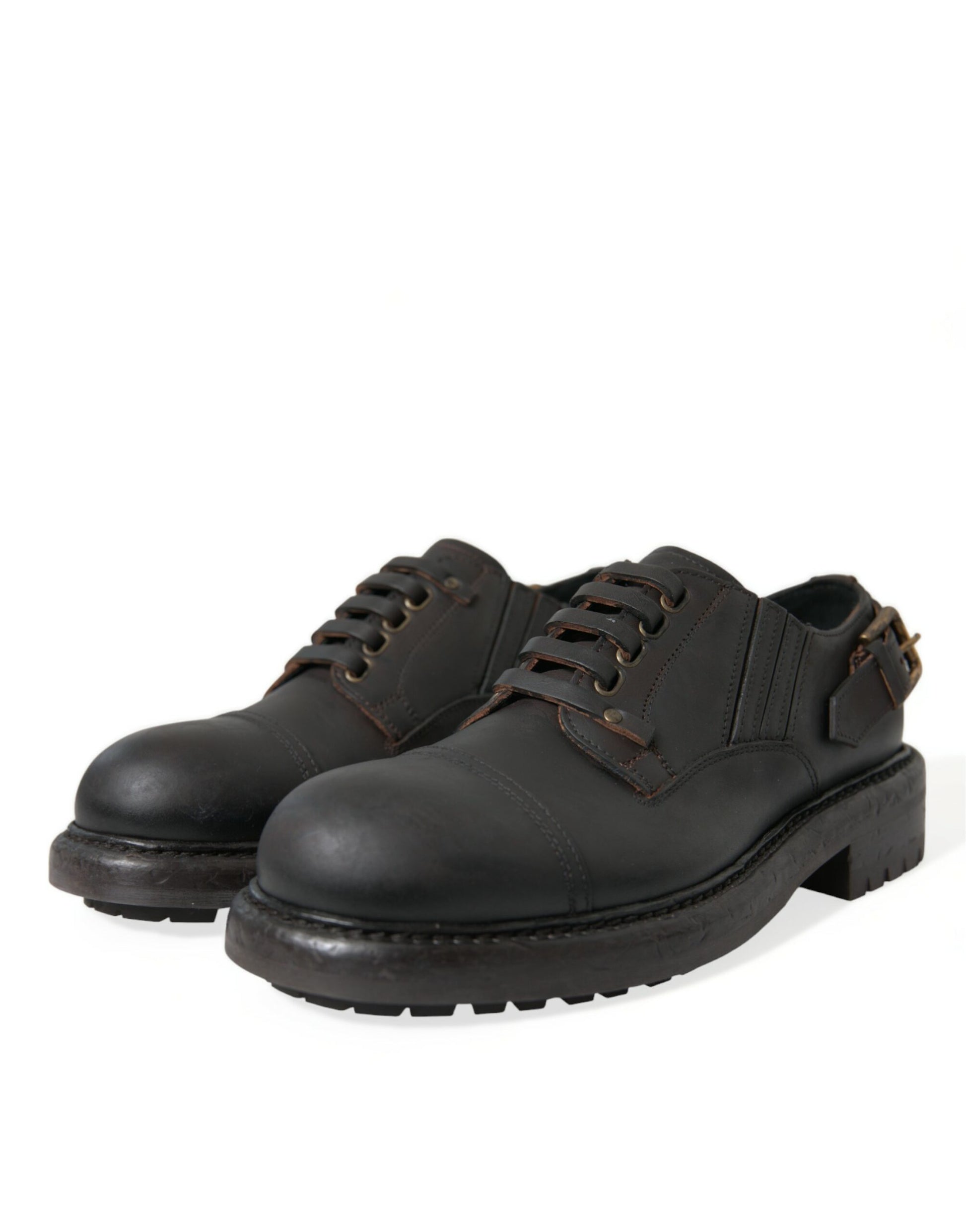 Pair of black leather shoes with laces and a small heel