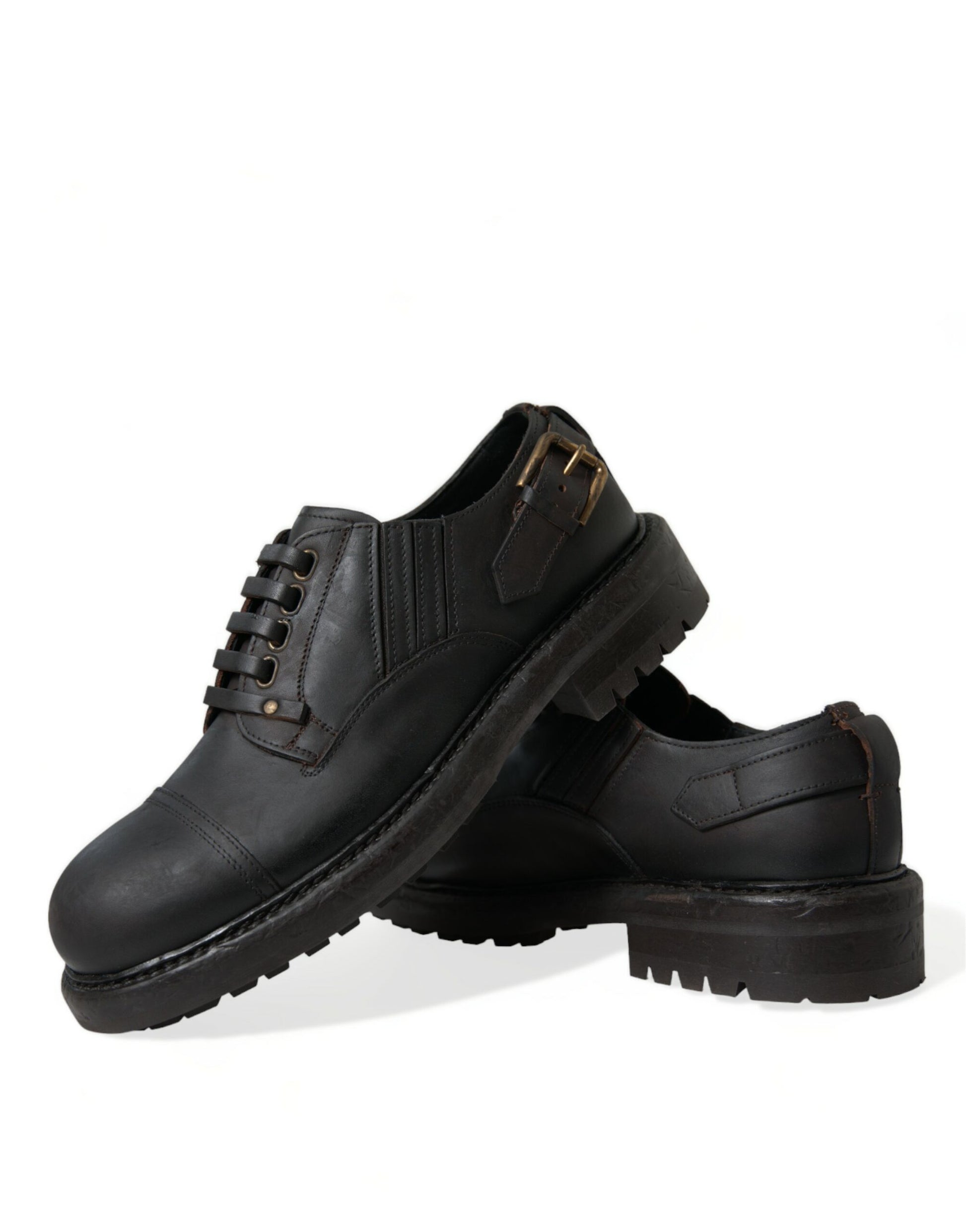 Pair of black shoes with laces and a small heel
