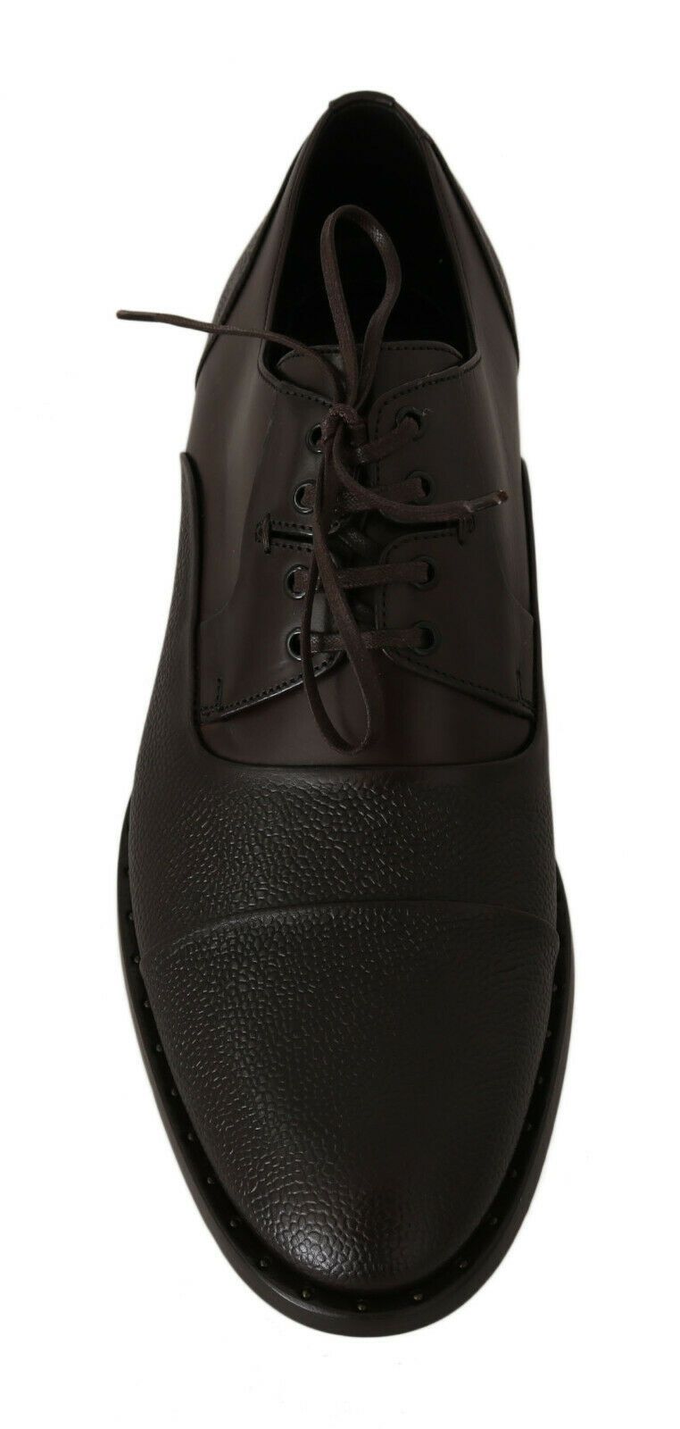 Black dress shoe with laces and a glittery texture on the toe cap