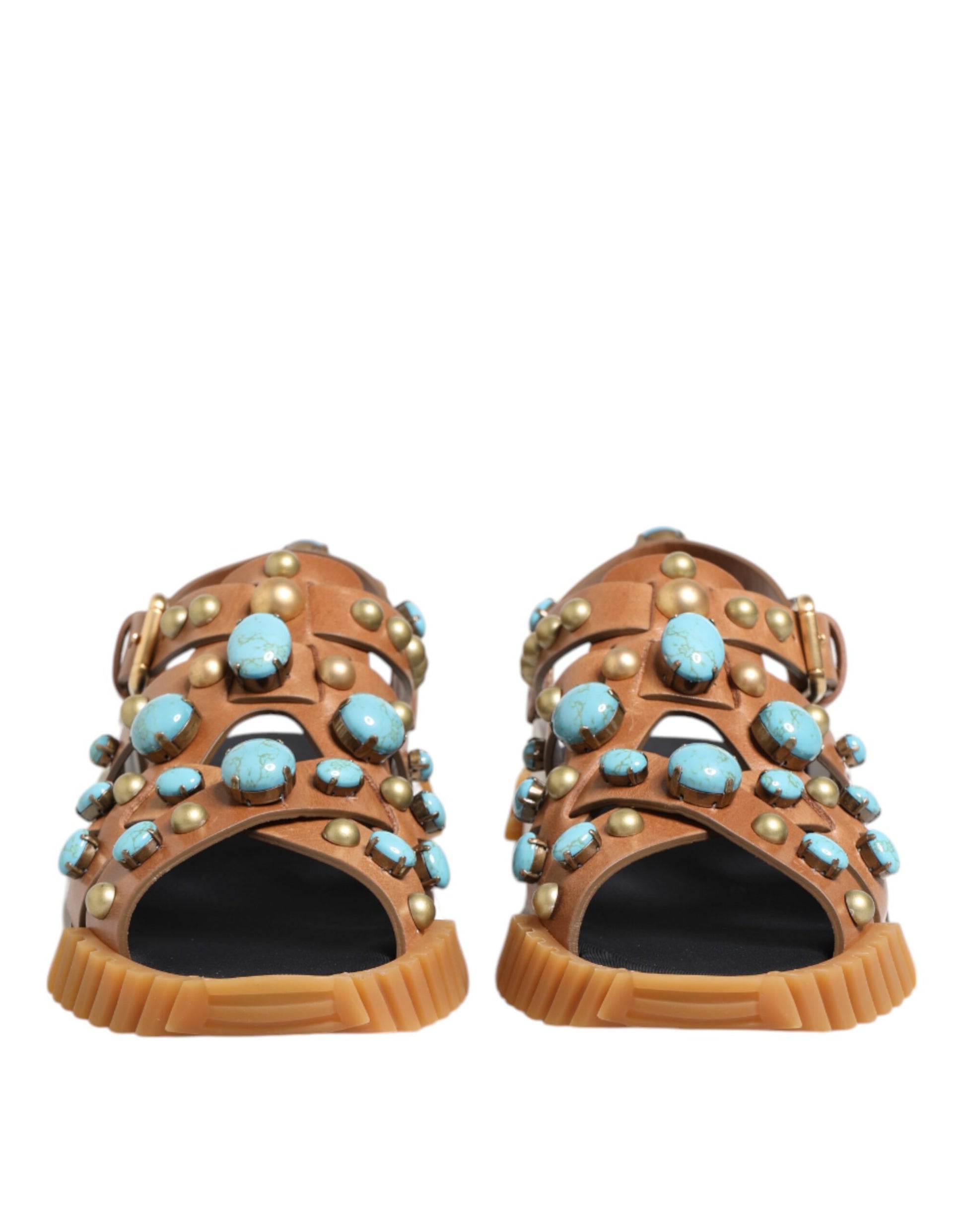 Pair of brown sandals with turquoise stones