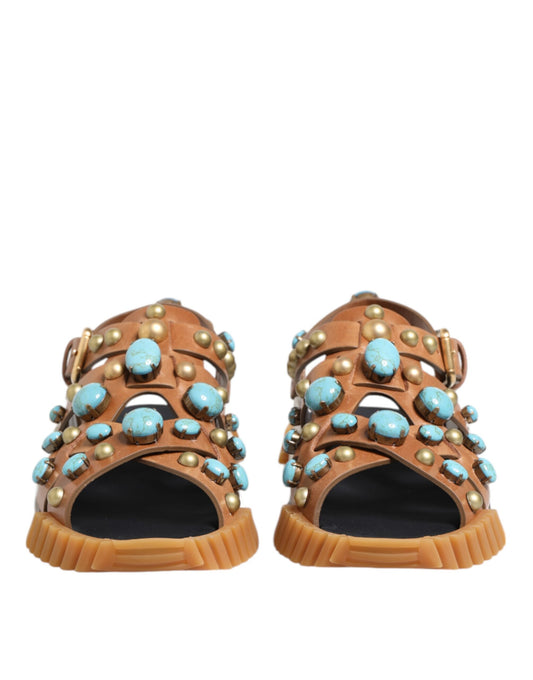 Pair of brown sandals with turquoise stones