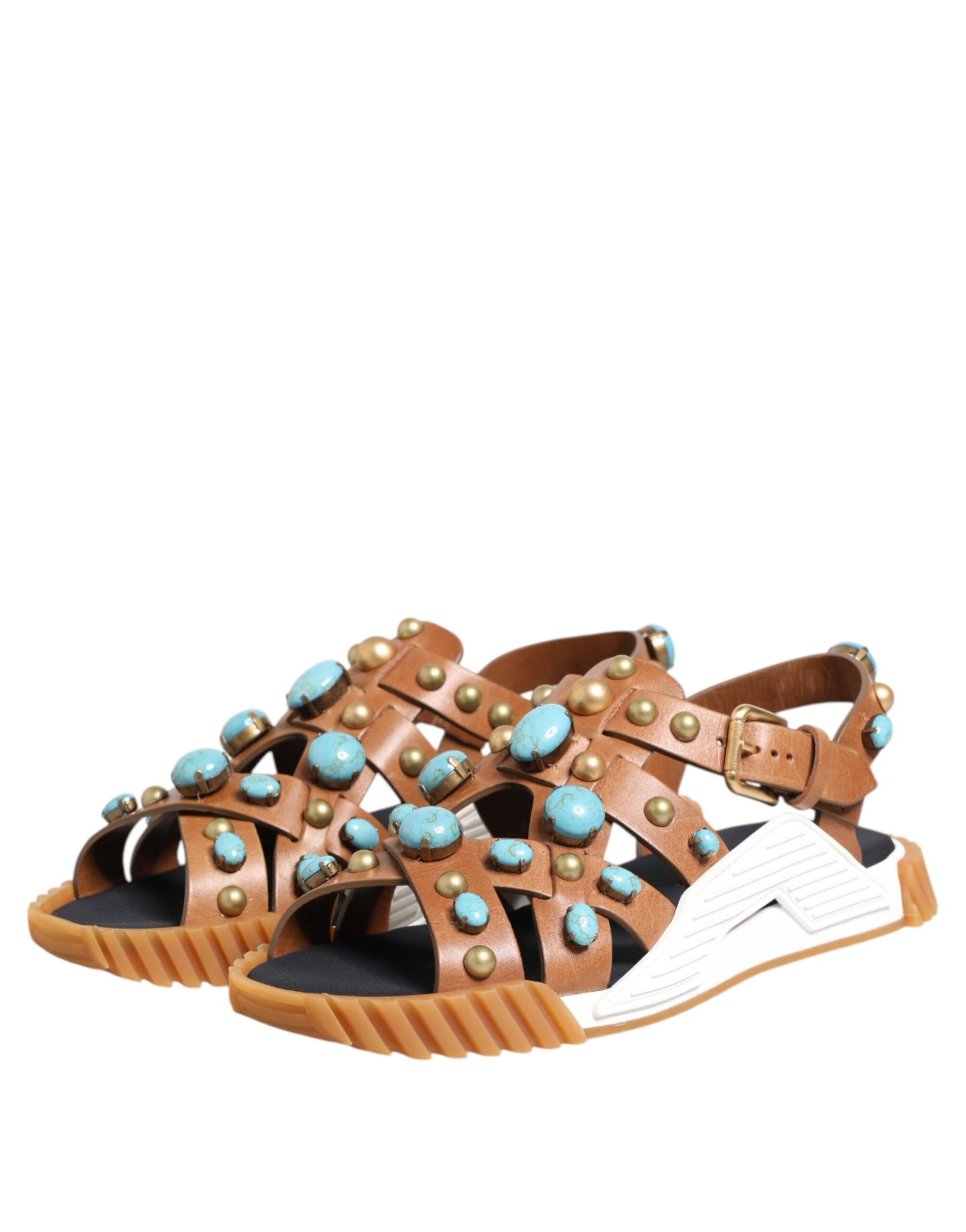 Brown sandals with turquoise stones on straps