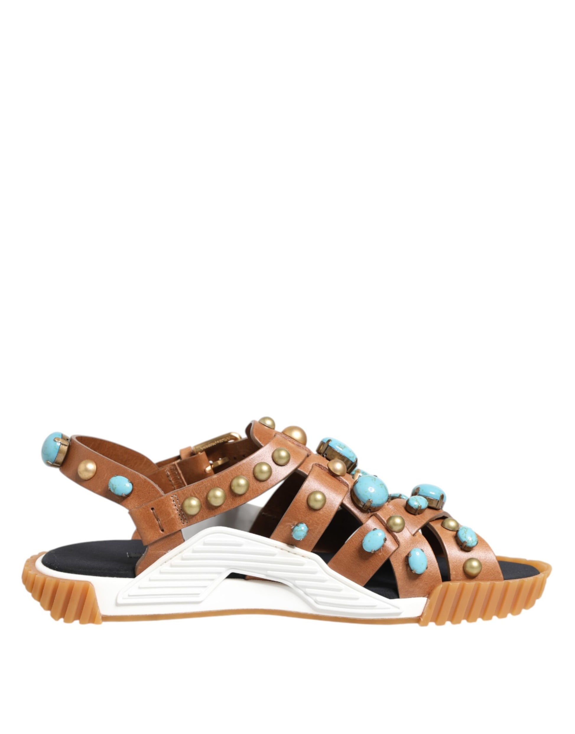 Brown sandal with blue stones on straps
