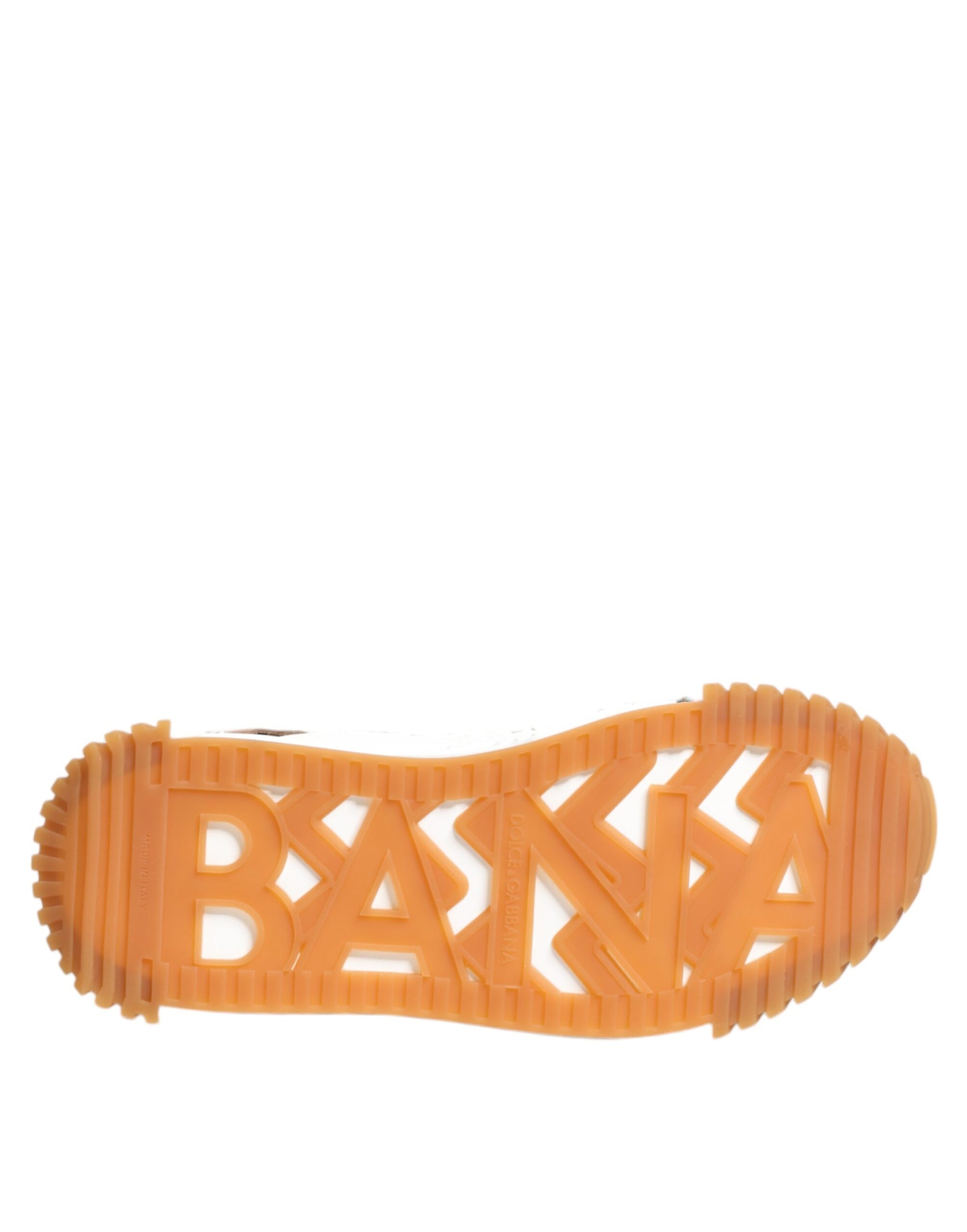 Orange shoe with white lettering