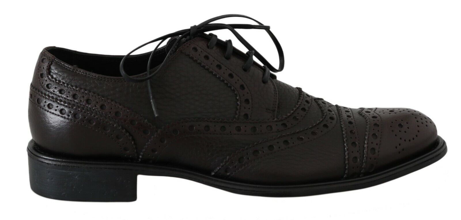 Pair of brown leather shoes with laces and a small heel