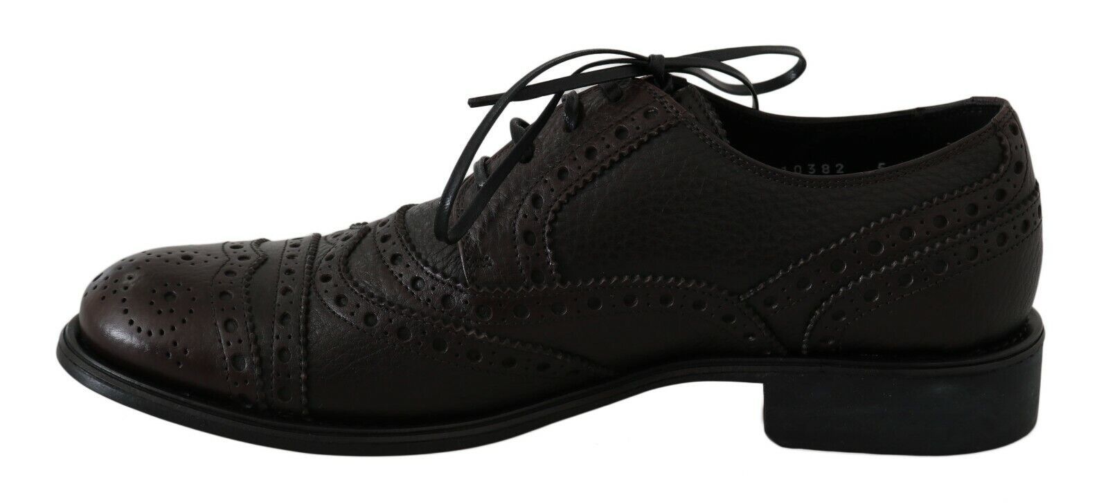 Pair of black dress shoes with laces and perforated design on top