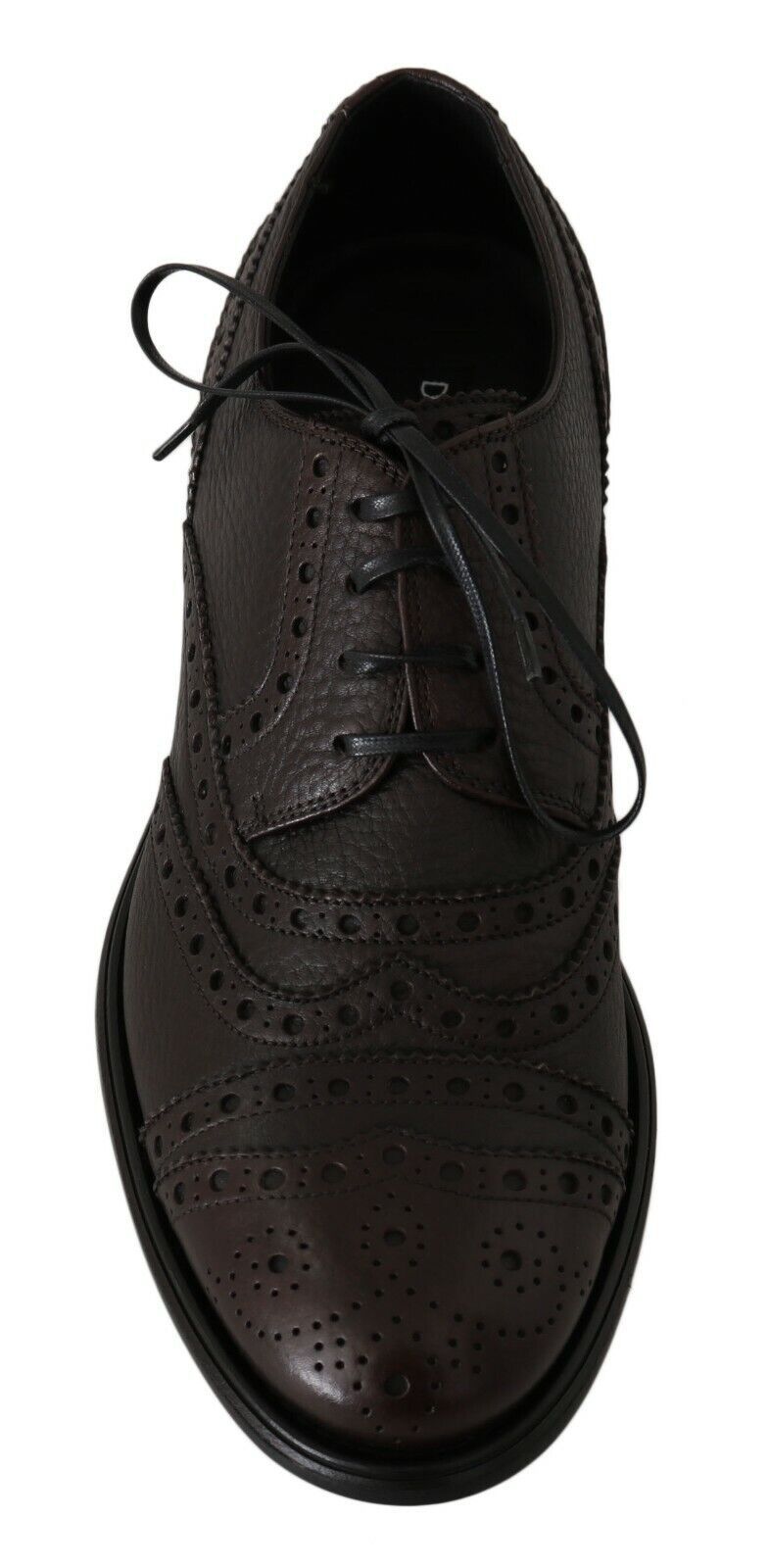 Brown leather men's dress shoe with laces and perforated design on toe box