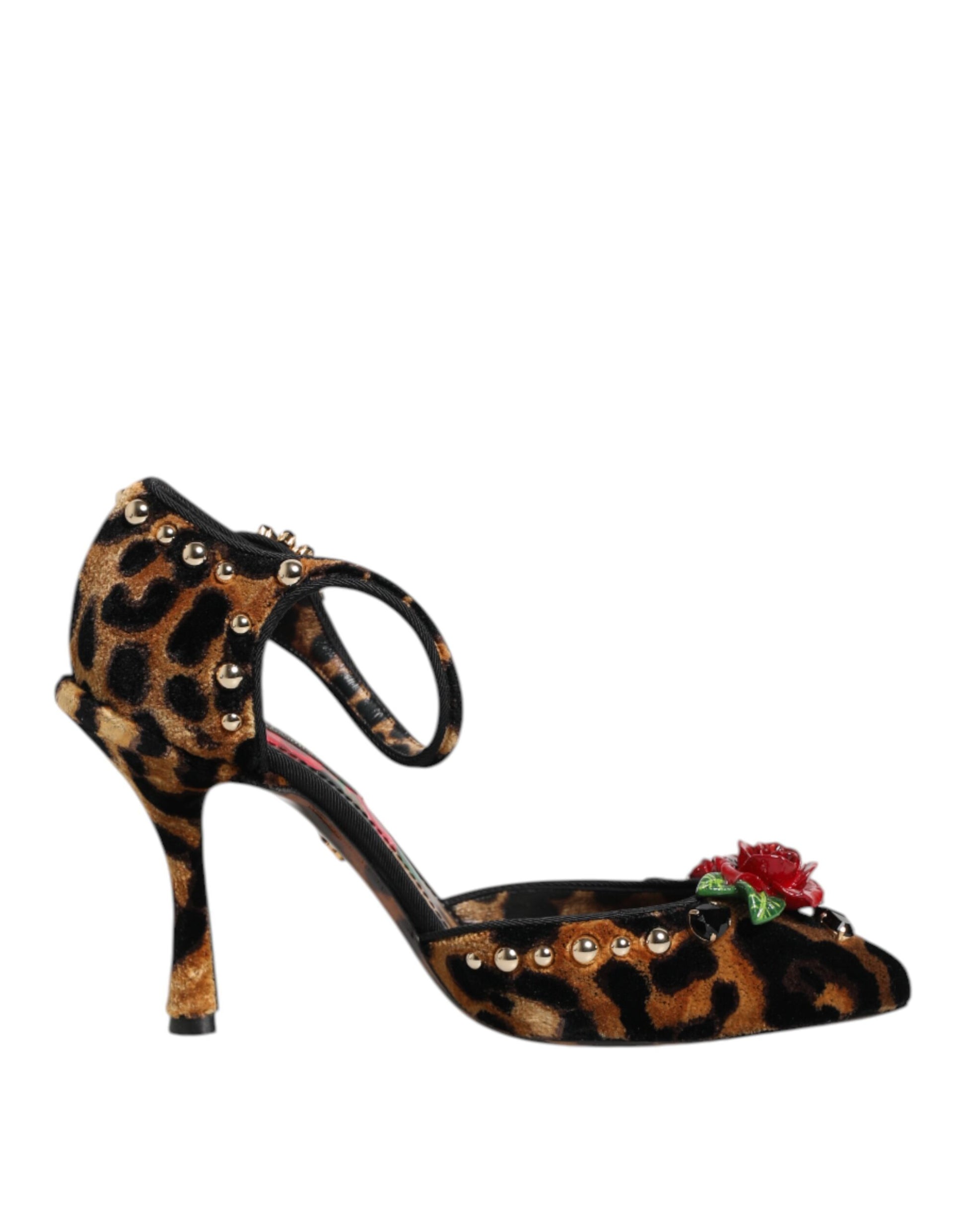 Leopard print high heel shoe with ruffle trim and embellishments