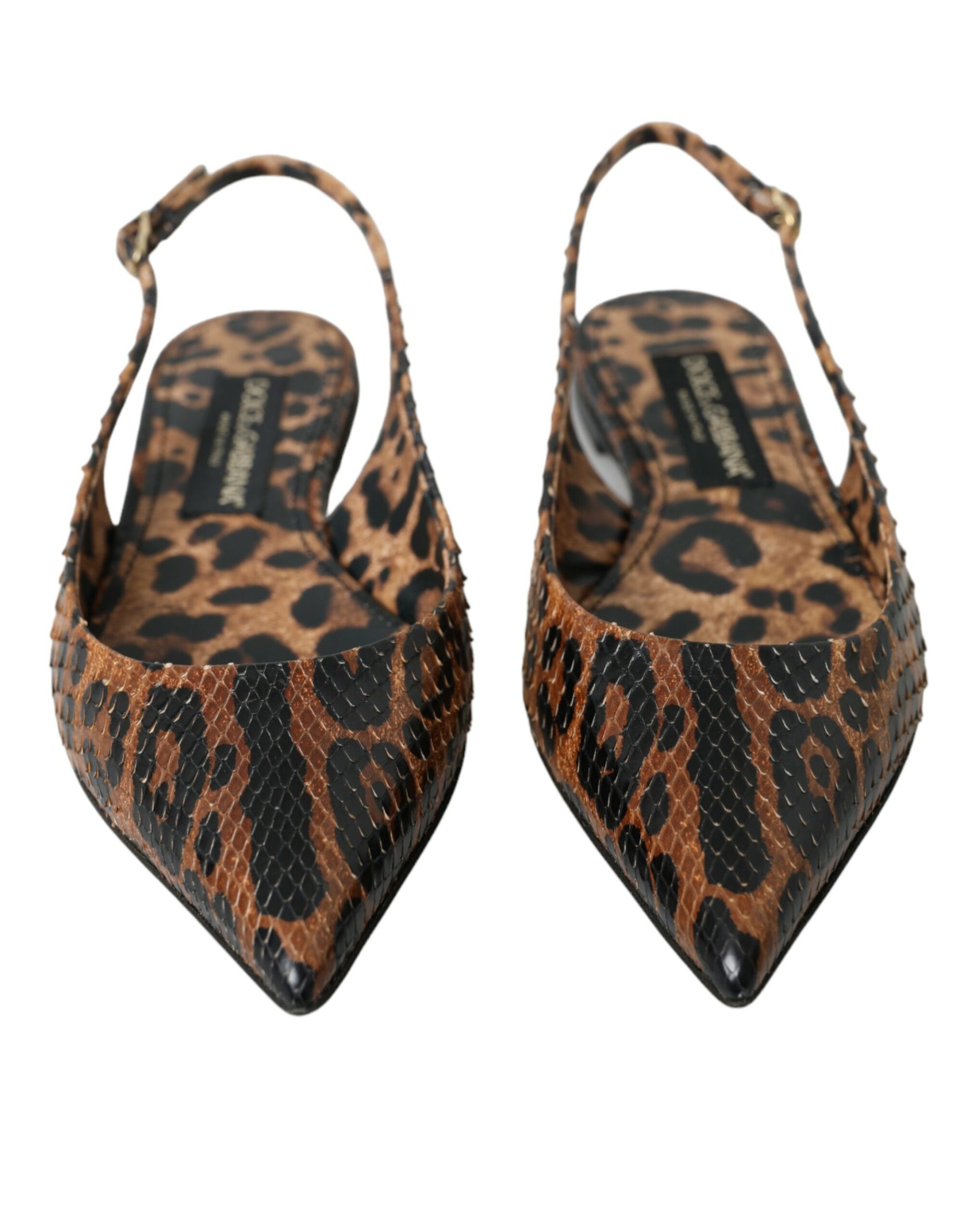 Pair of women's shoes with a cheetah print design and pointed toe
