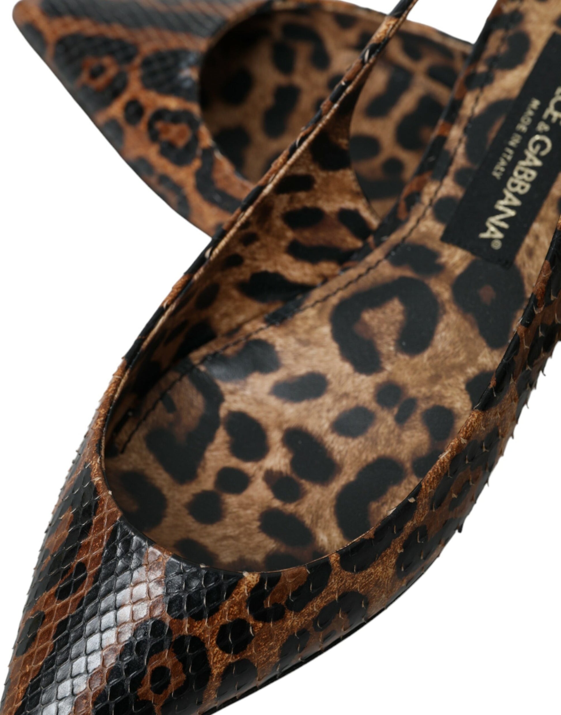 Leopard print women's flat shoe with a snake skin texture on the heel