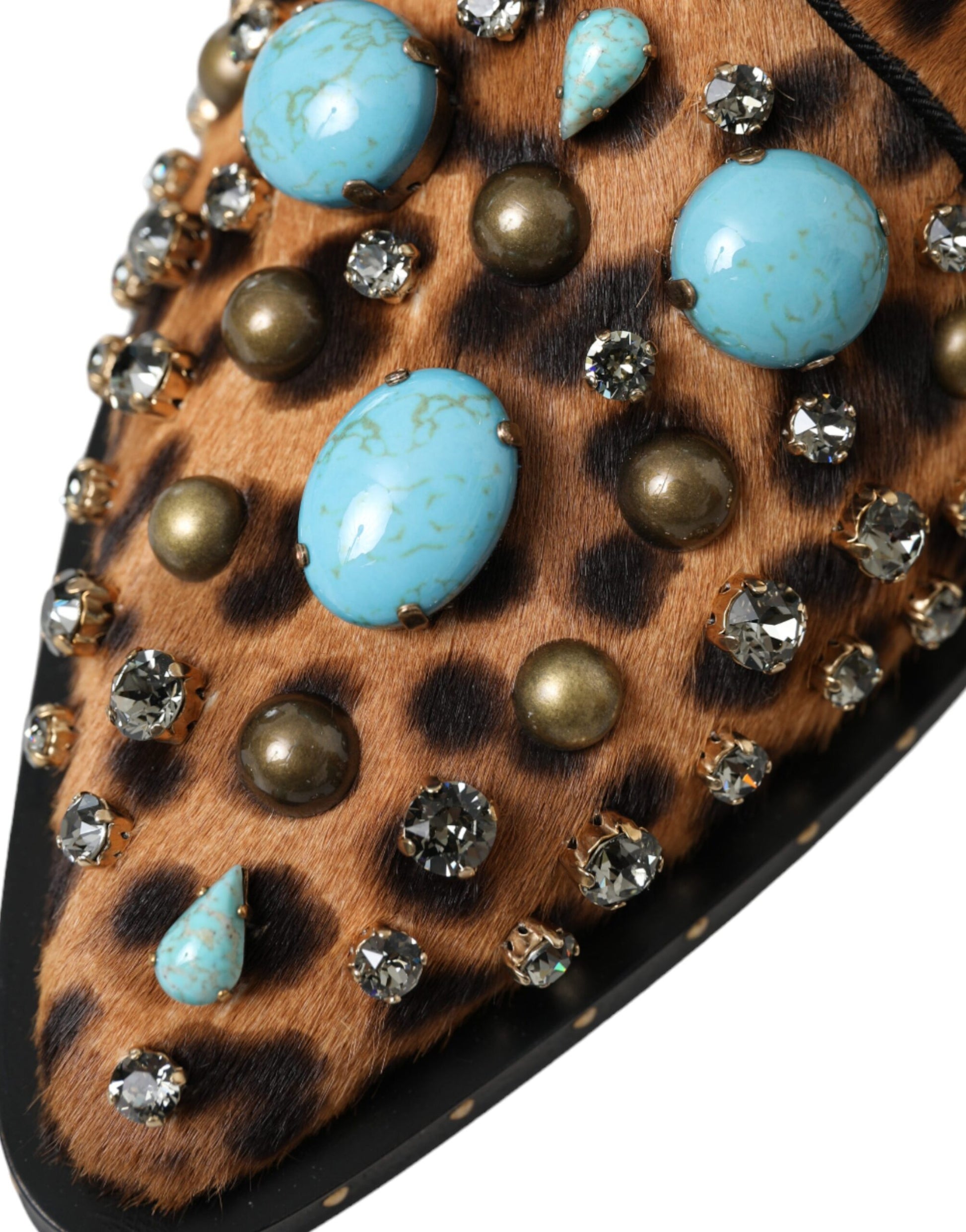 Leopard print shoe with turquoise stones and gold pearls