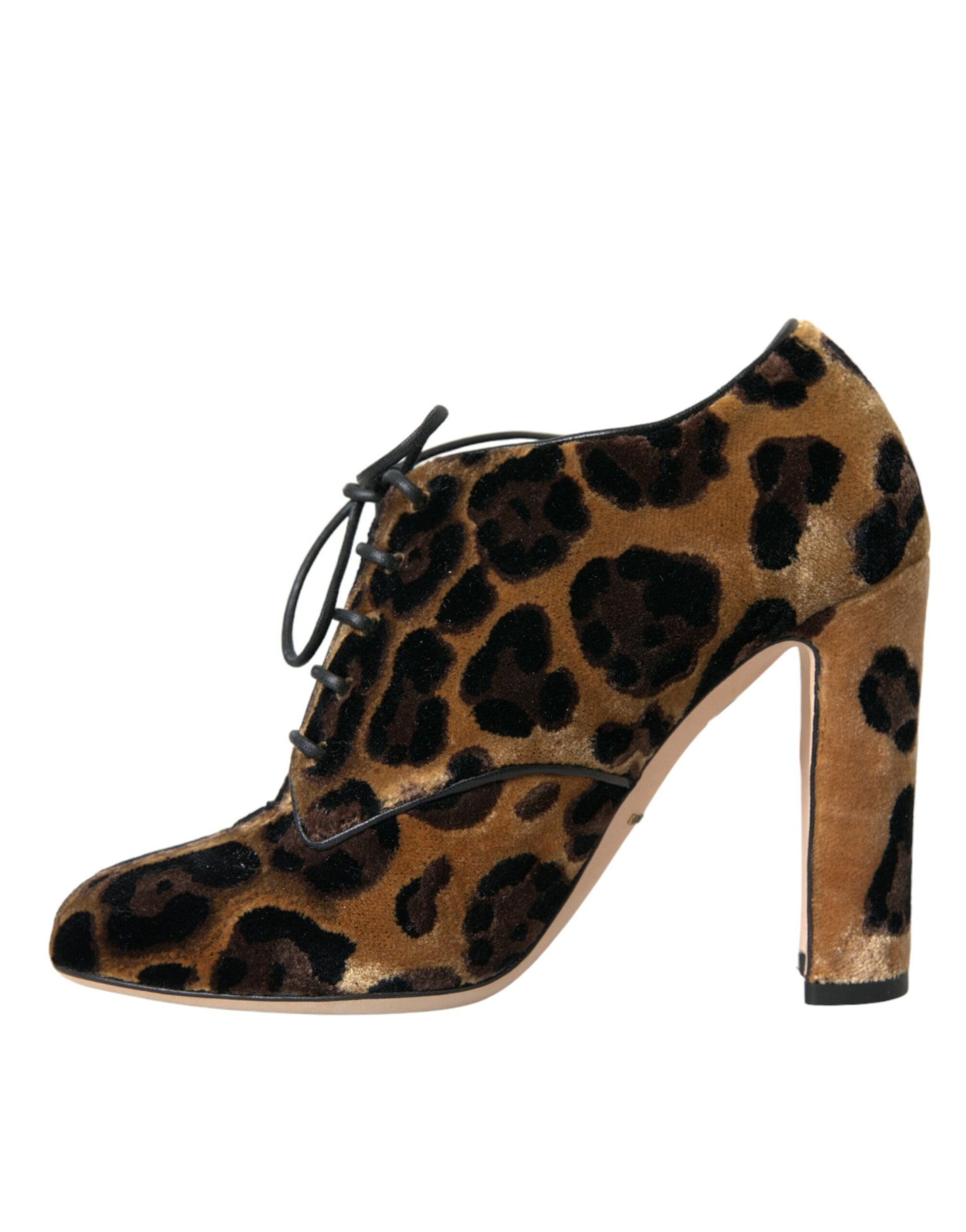 Leopard print suede ankle boot with lace detailing and a pointed toe