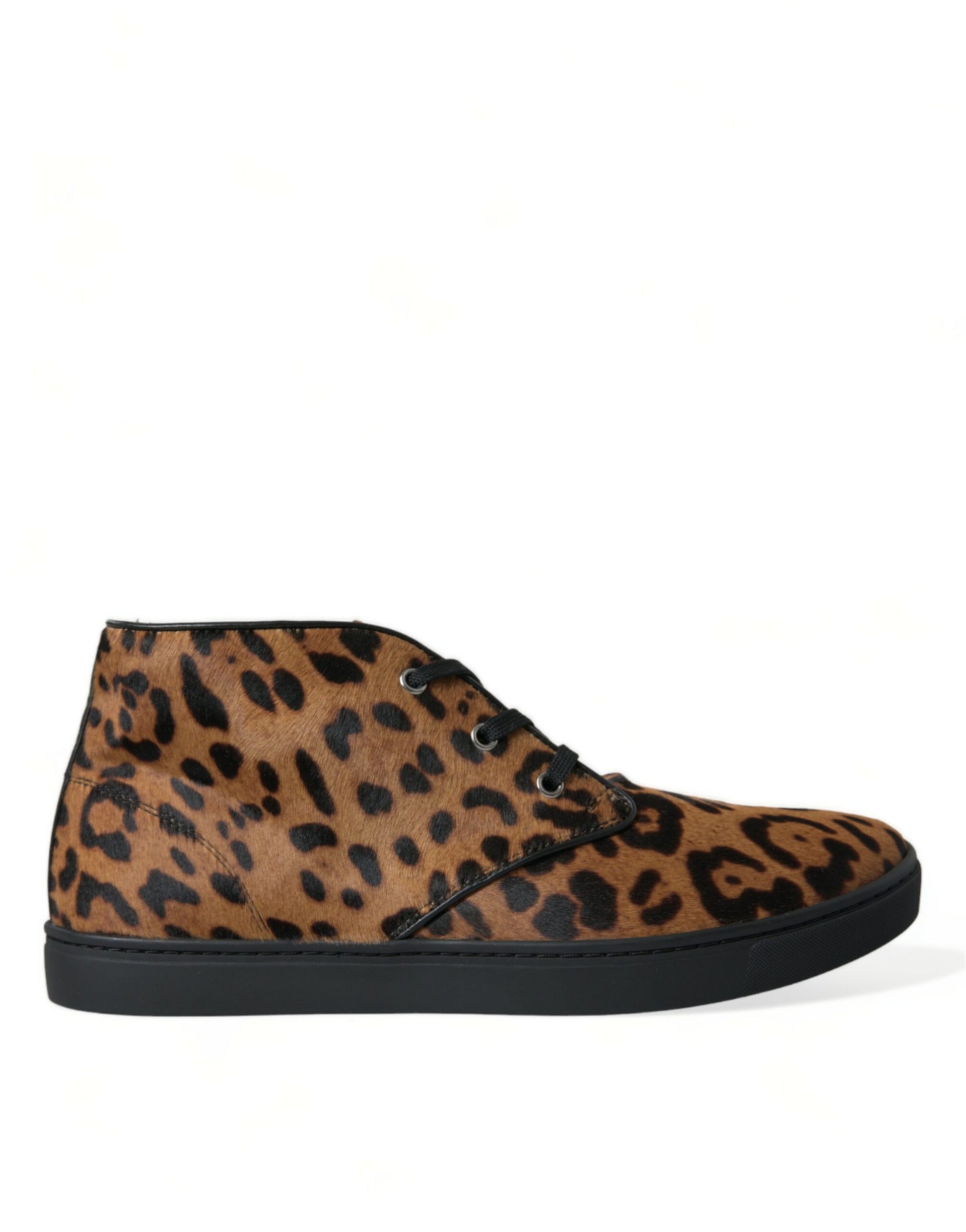 Leopard print suede boot with black sole and laces