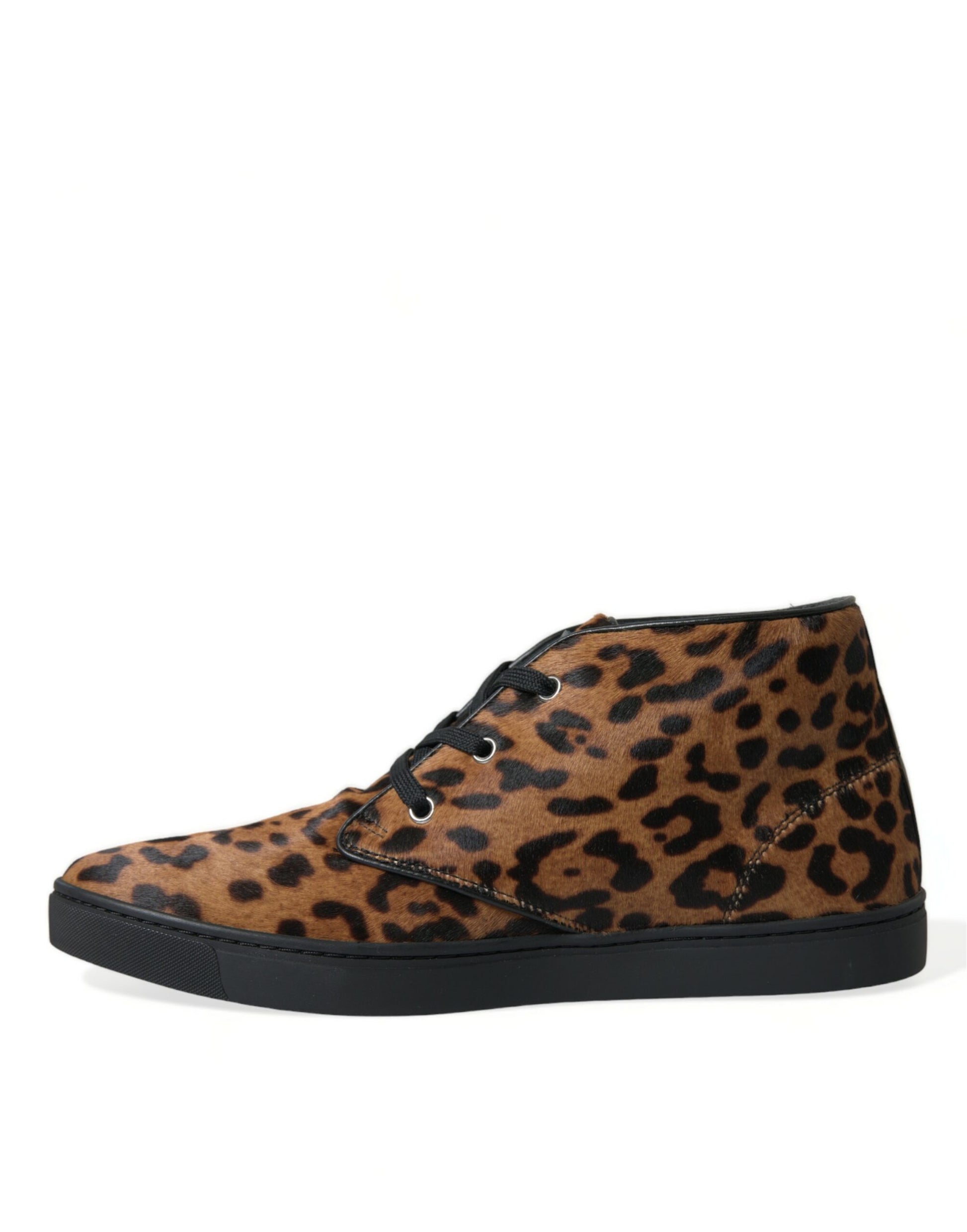 Leopard print suede boot with black sole and laces