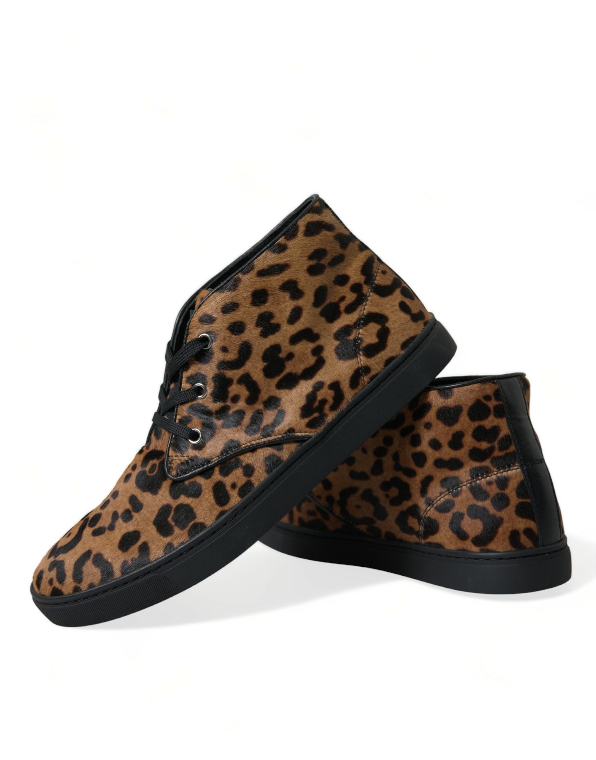 Leopard print sneakers with laces and a black sole