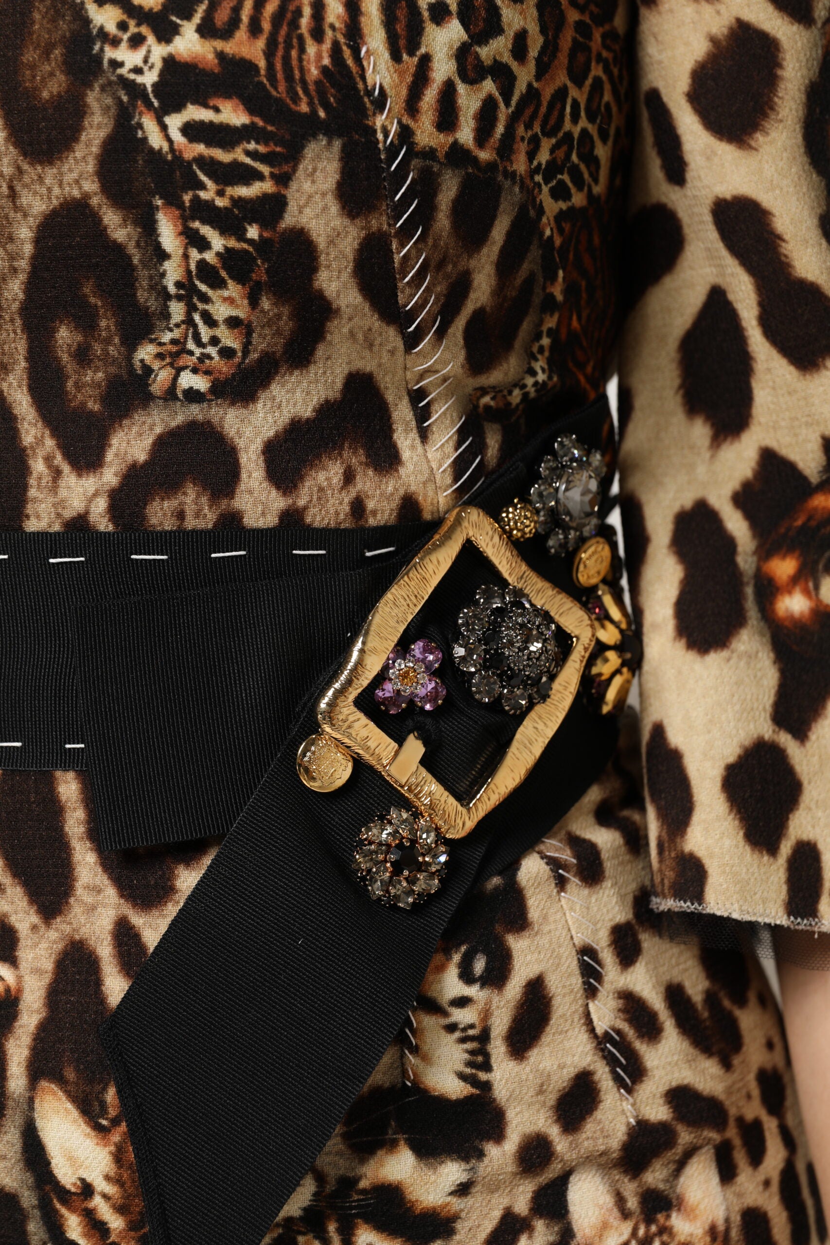 Leopard print dress with black belt and embellished buckle