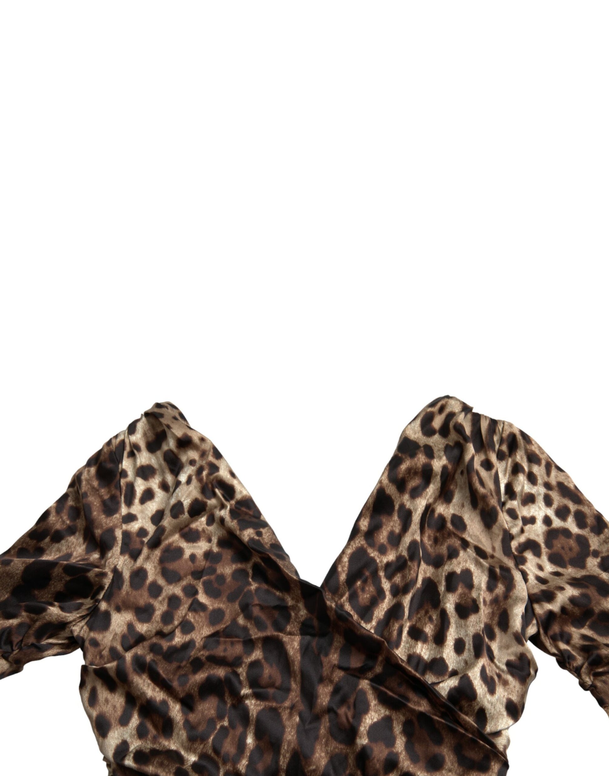A brown leopard print bodycon dress with a V-neck and midi length