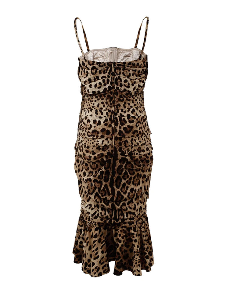 A brown leopard print midi dress with ruffled sleeves and hem, by Dolce & Gabbana