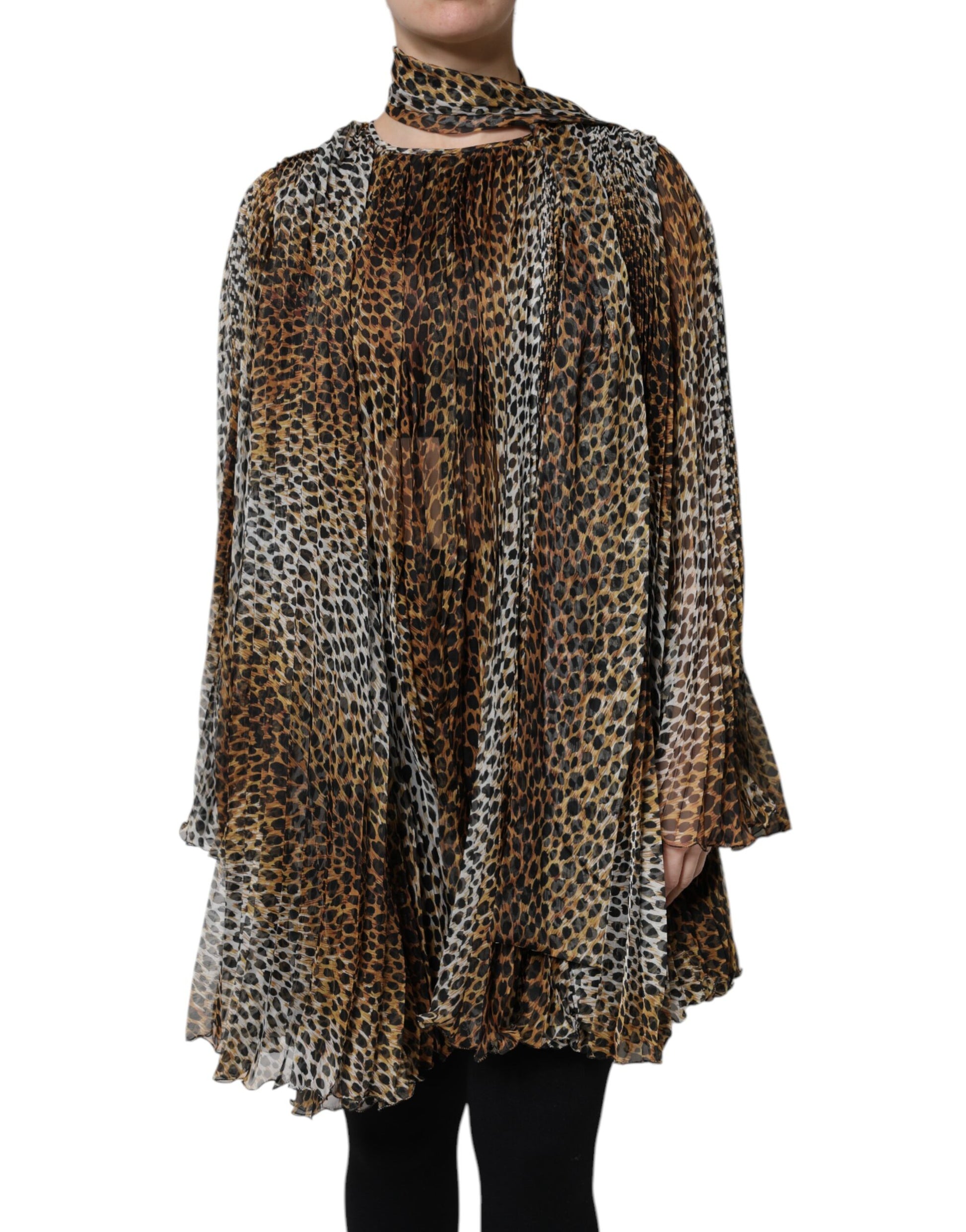 A brown leopard print scarf collared chiffon dress