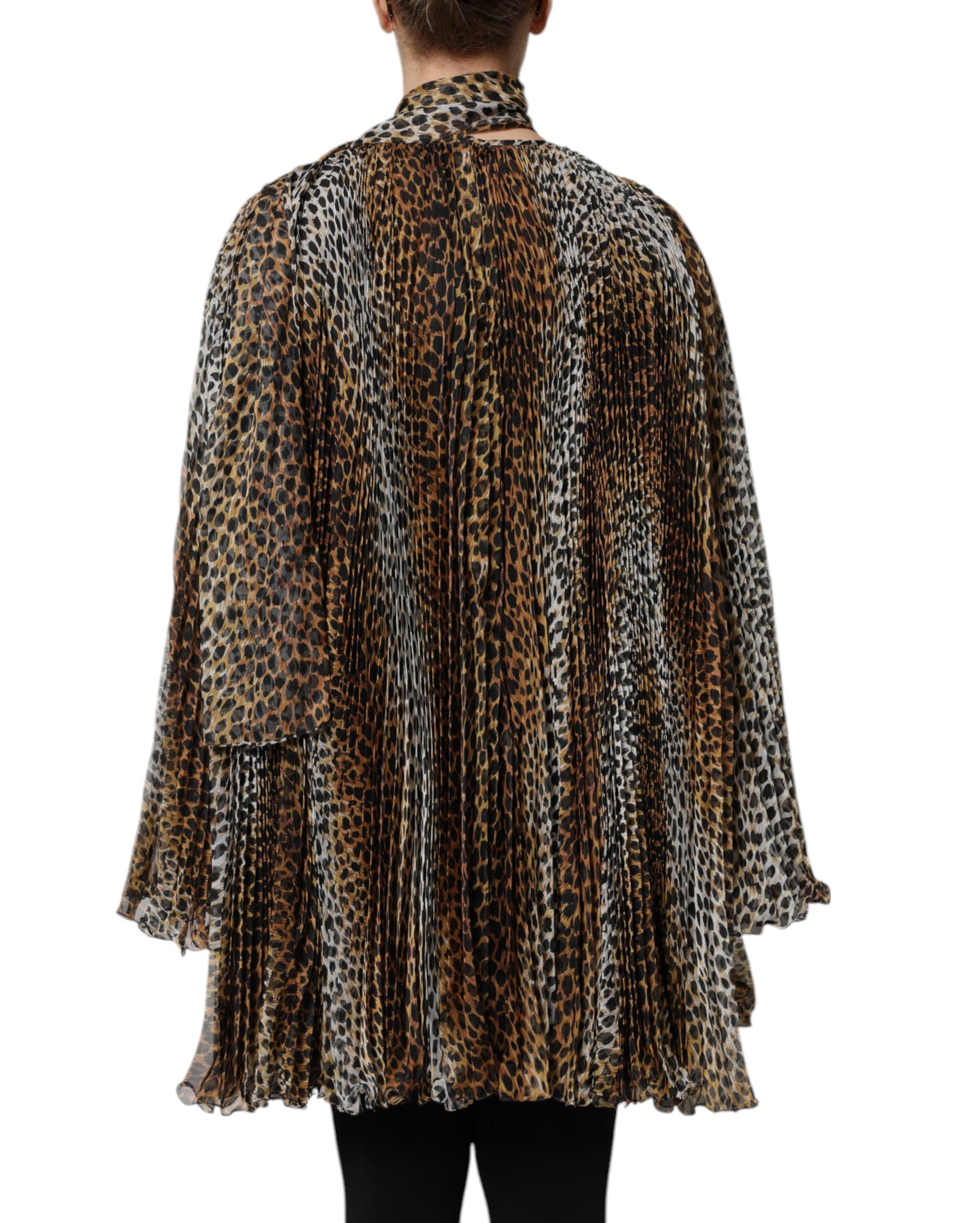 A brown leopard print scarf collared chiffon dress