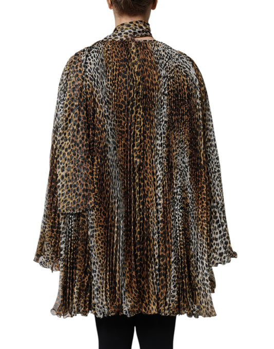 A brown leopard print scarf collared chiffon dress