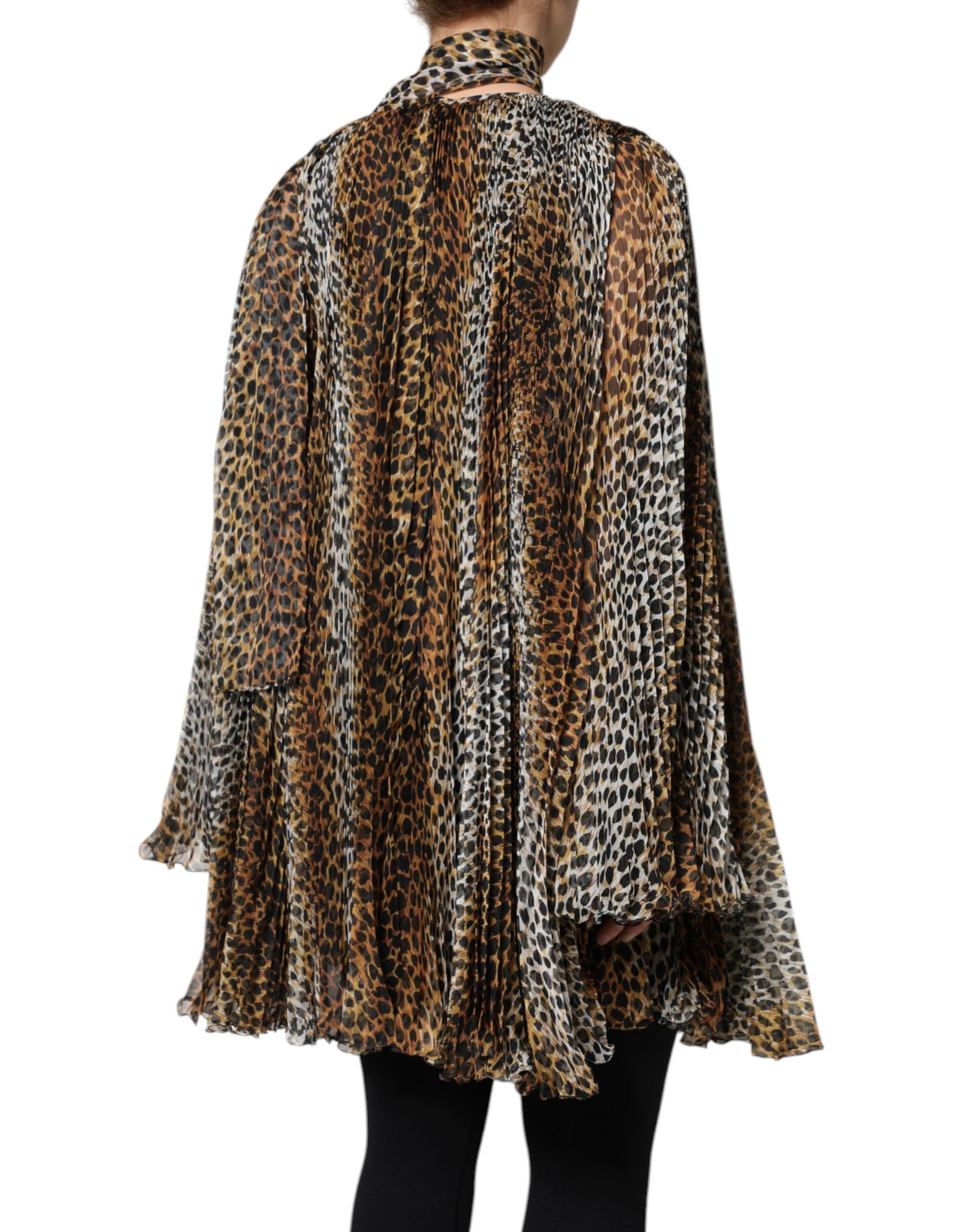 A brown leopard print scarf collared chiffon dress