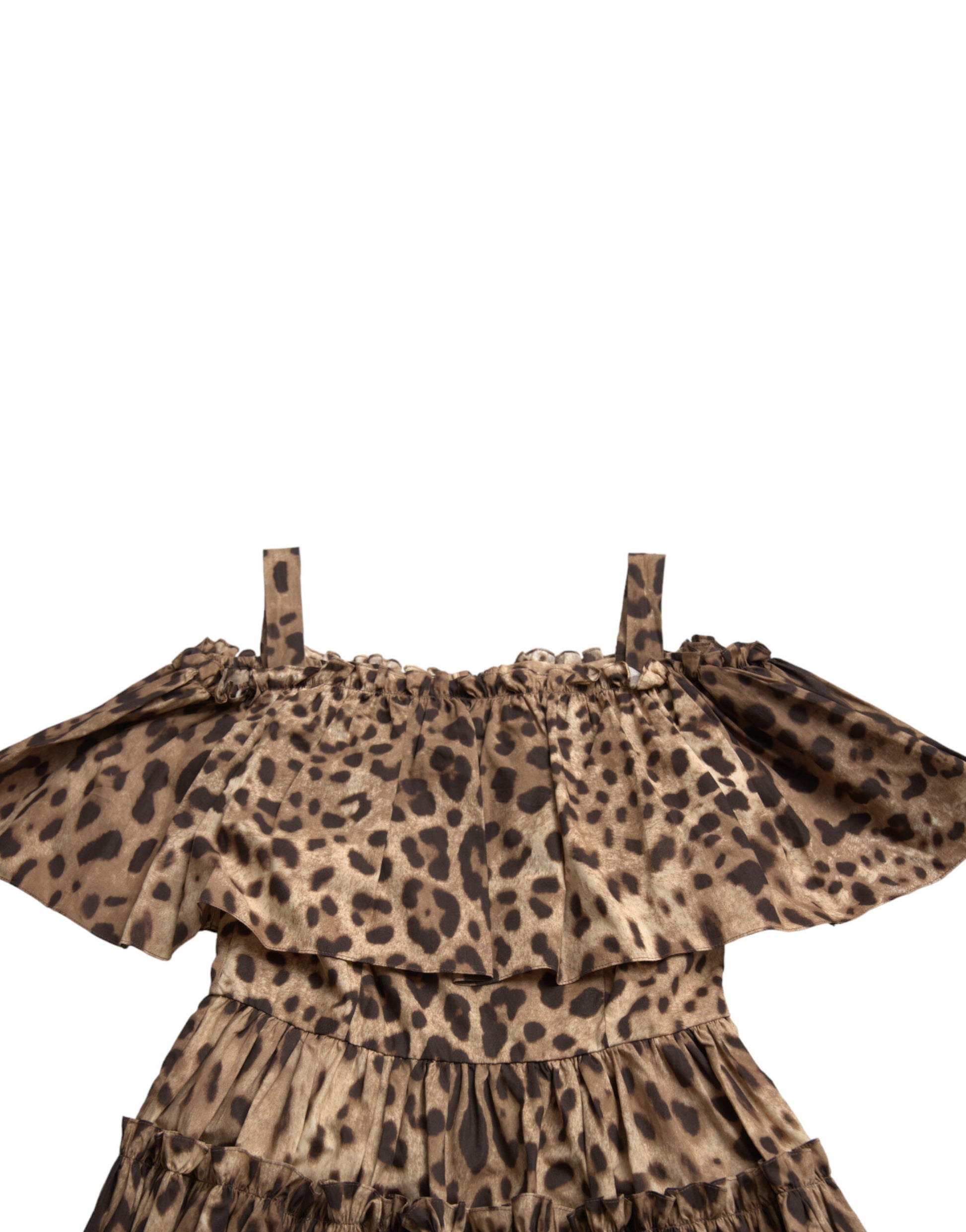 Leopard print sleeveless dress with ruffled hem and shoulders