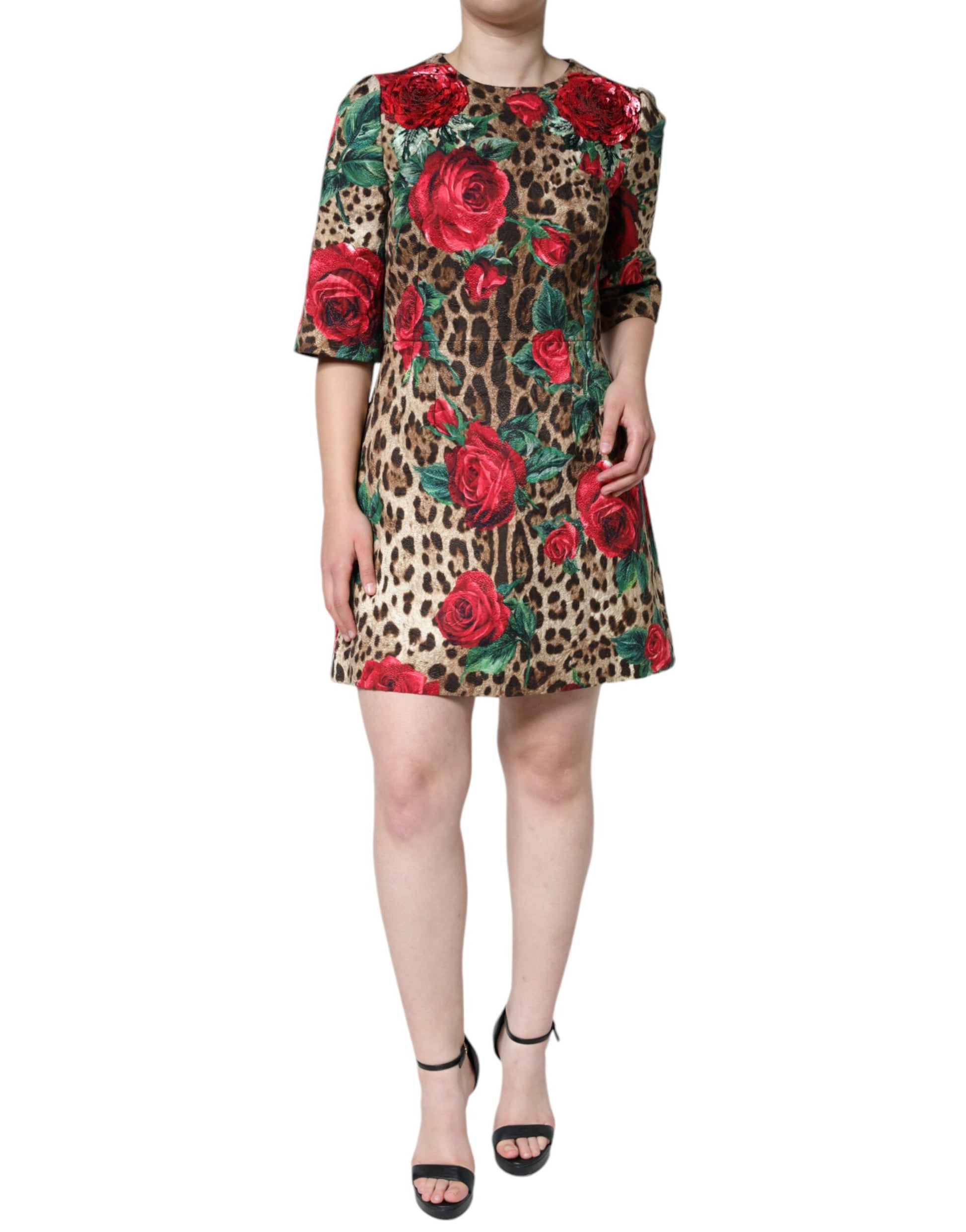 A-line dress with brown leopard print, red roses and cotton fabric