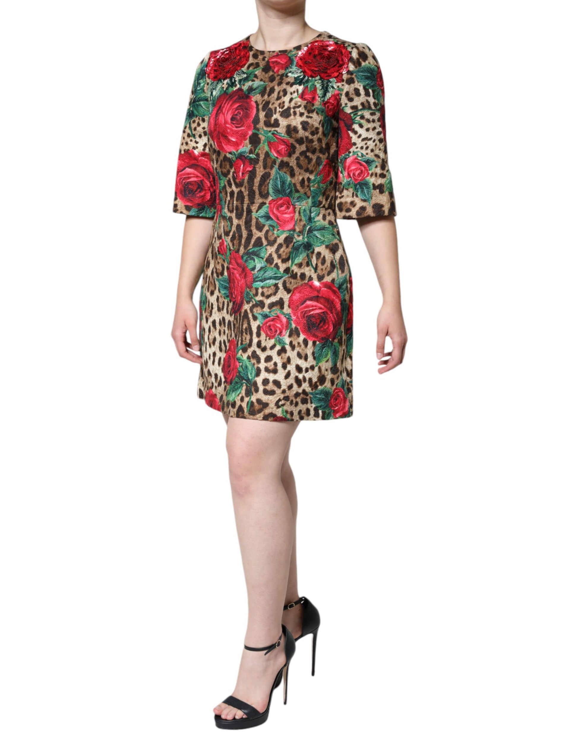 A-line dress with brown leopard print, red roses and cotton fabric