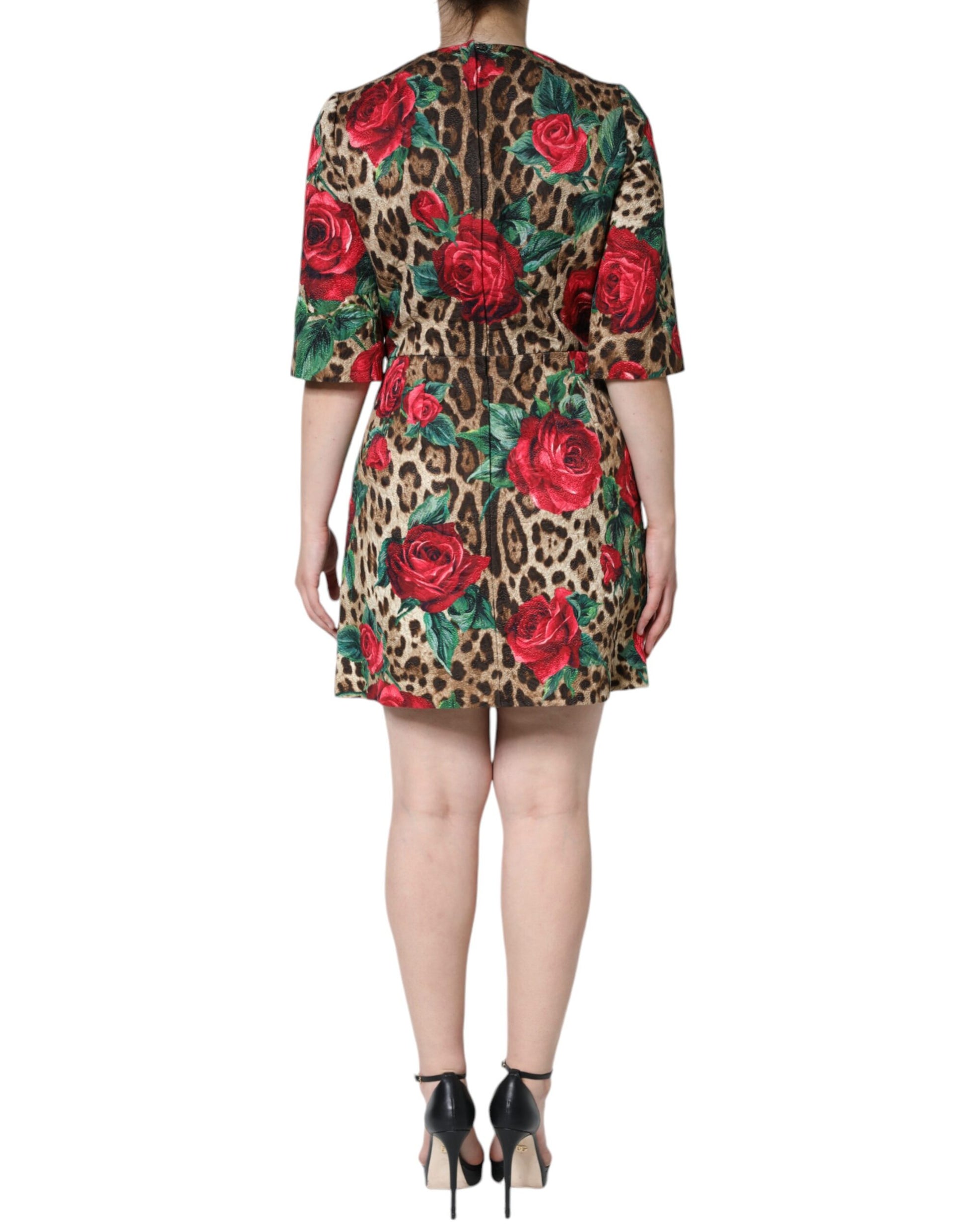 A-line dress with brown leopard print and red roses on a cotton fabric