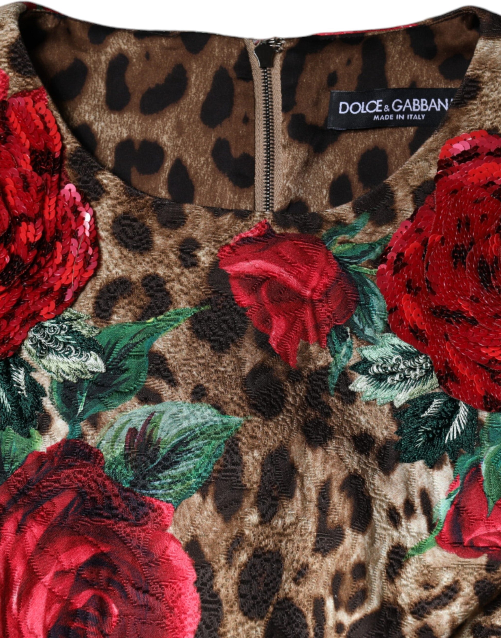 Brown leopard print dress with red roses and green leaves embroidered on front