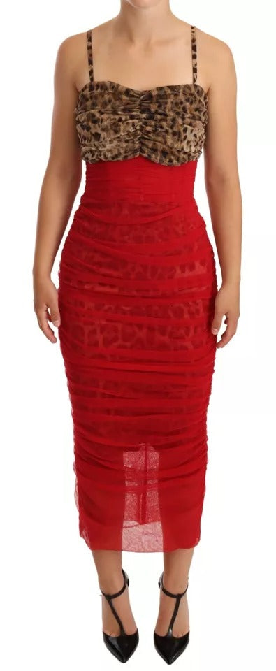 A red tulle midi dress with a brown leopard print bodice and sleeves