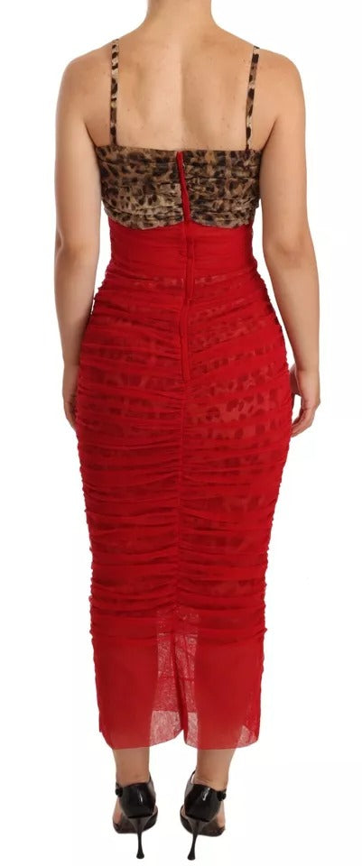 A red tulle midi dress with brown leopard print back and sleeves
