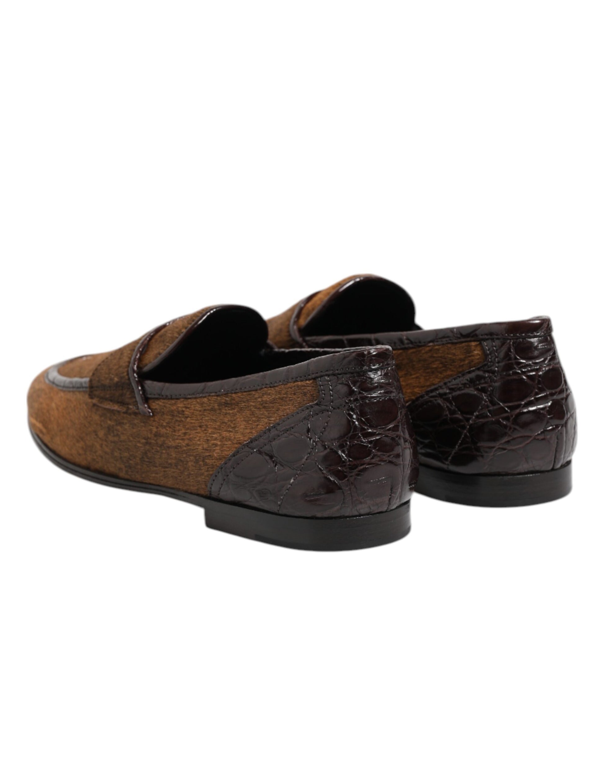 Pair of brown loafers with black soles, featuring a crocodile skin texture design