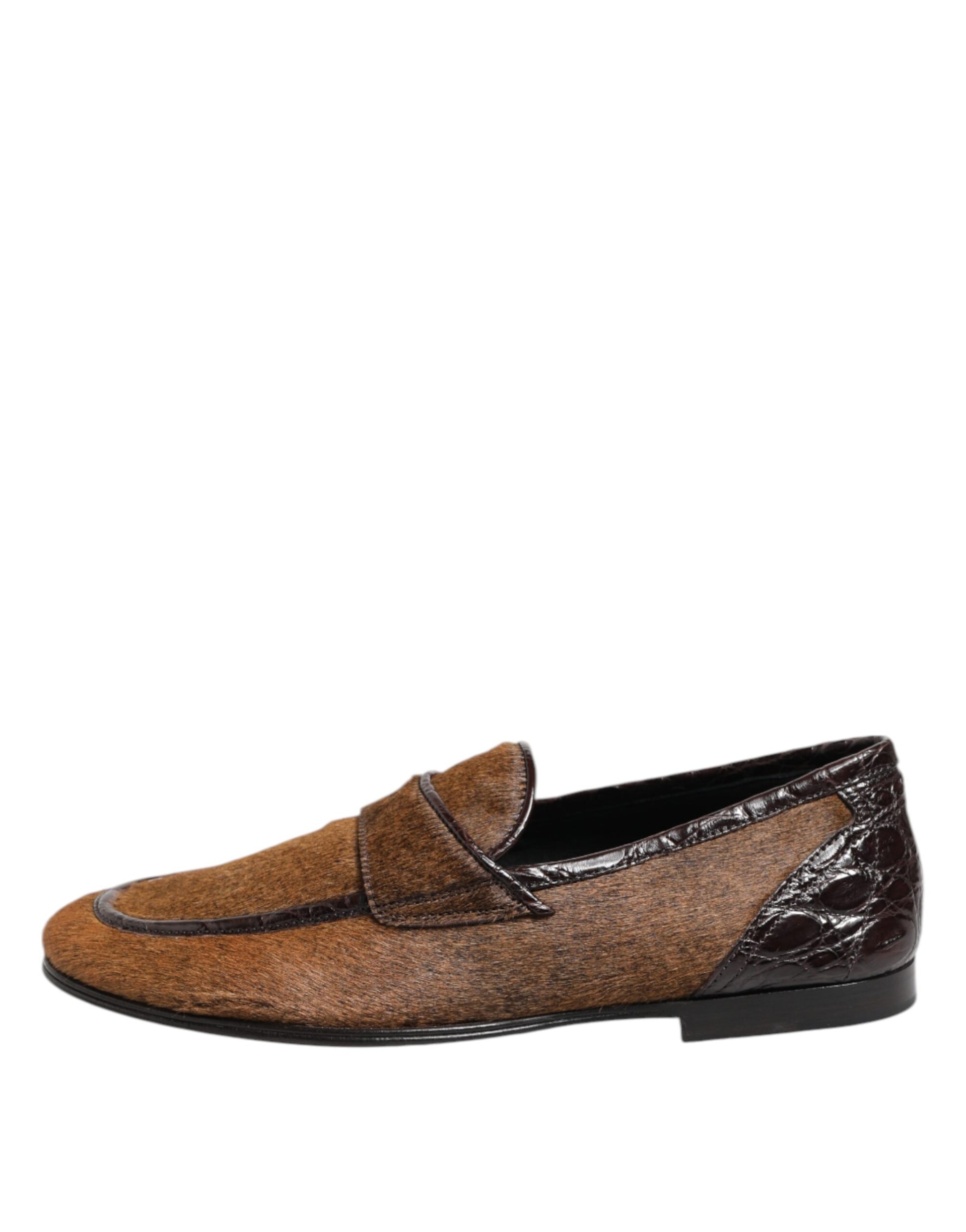 Brown loafer shoes with black trim and logo, leather slip-on style